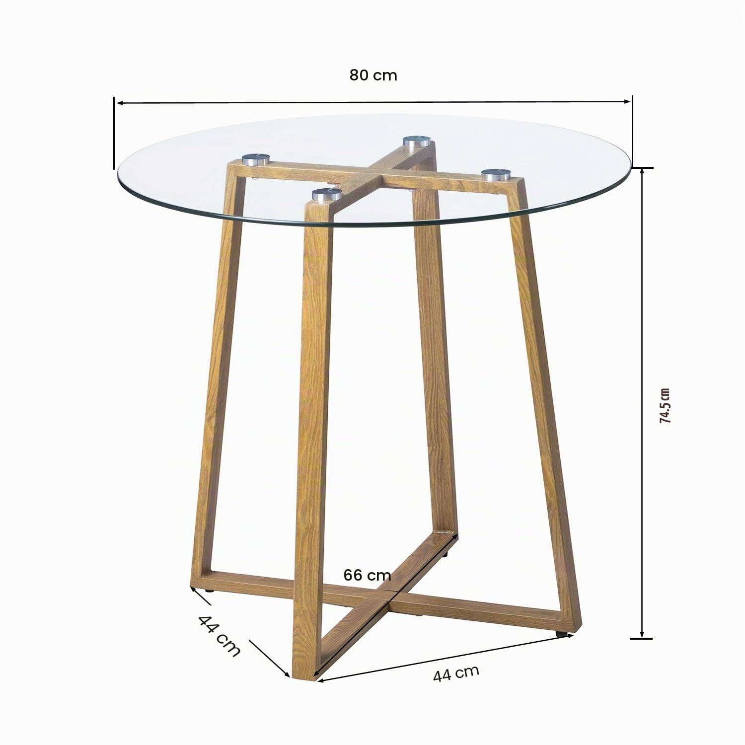 EGGREE Mesa de Cristal Redonda Mesa de Comedor Nordica Moderna, Patas de Metal Acabado de Roble, 80 x 75 cm