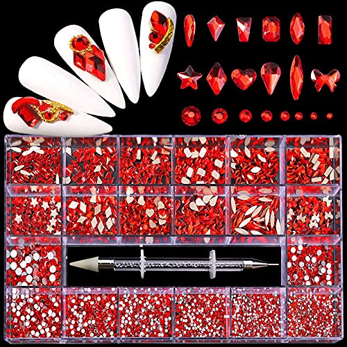 Nail Art Red Crystals Rhinestones Set - 3100Pcs Red Nail Gems Diamonds Flatback Jewels For Nails Design, 12 Types Of 600 Special-Shaped Diamonds + 2500 Flat-Bottomed Rhinestones Kit #TOP3