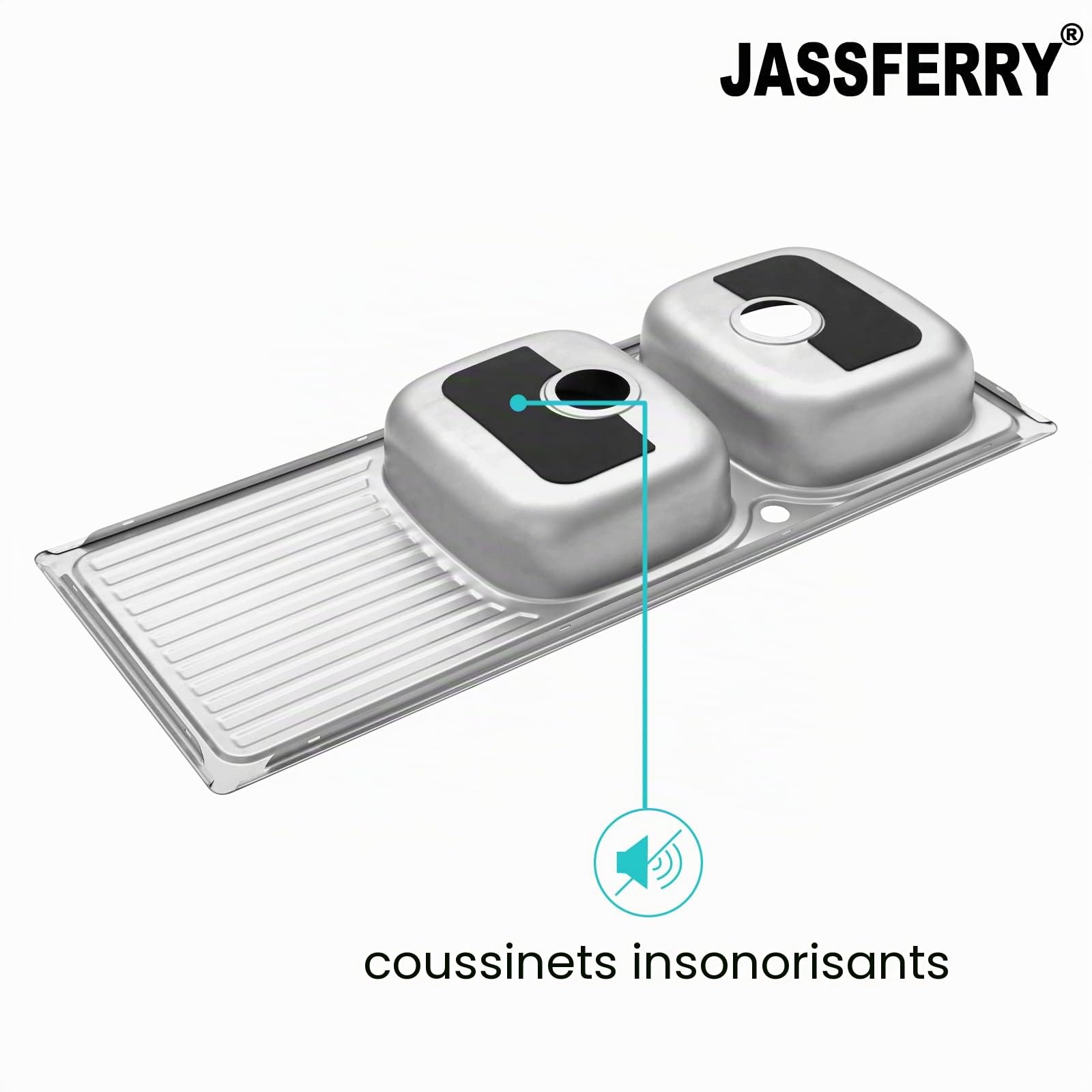 JASSFERRY Évier de cuisine encastrable en acier inoxydable 2 bacs avec égouttoir réversible 1200 x 500 mm