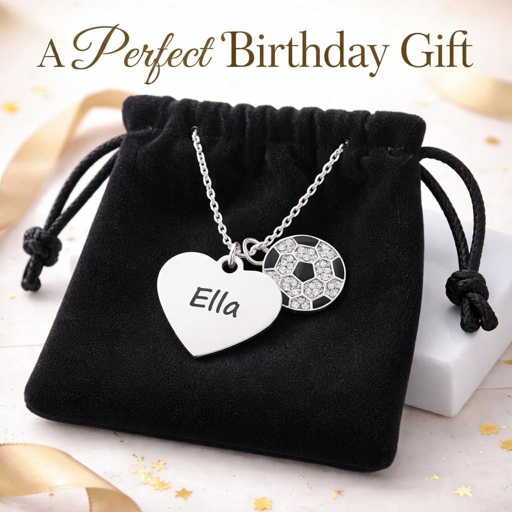 Personalized Soccer Necklace with Name Heart Charm, Silver Plated Soccer Ball Pendant on Stainless Steel Chain, Custom Soccer Jewelry Gift for Girls, Teens, and Players
