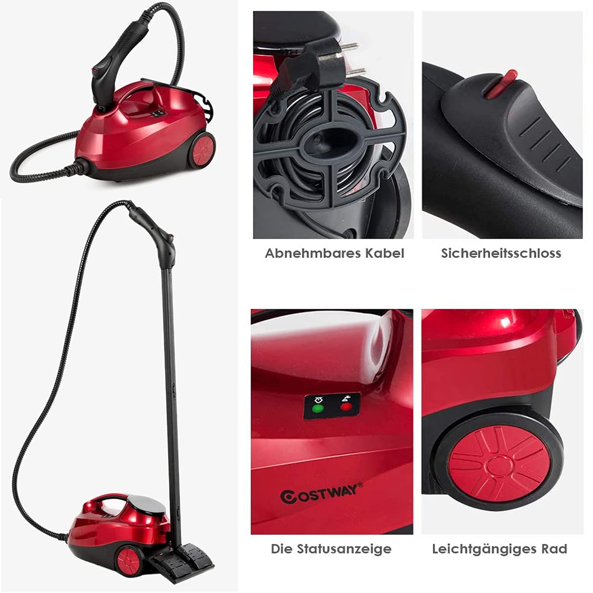 RELAX4LIFE Dampfreiniger 2000W, Dampfdruck: 4 bar, Tank: 1,5 L, Dampfzeit: bis 45 Min., bis 108°C, Dampfsauger mit LED-Licht & Überhitzungsschutz, inkl. 19 Zubehör, für Böden, Teppiche, Sofa (Rot)
