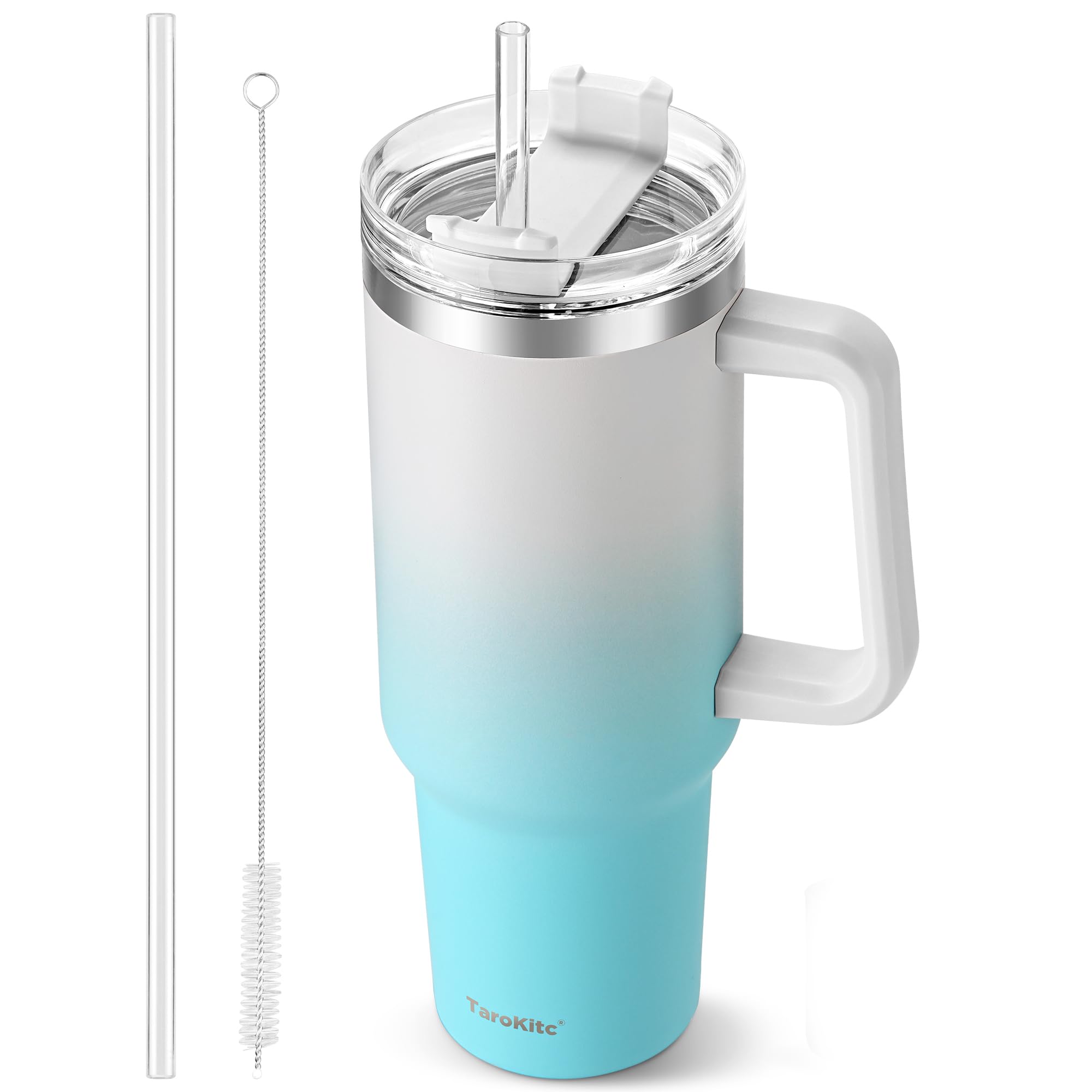 TaroKitc 40 oz Tumbler with Handle | Stainless Steel Insulated Travel Mug with Lids and Straw | Iced Coffee Cup | Keeps Cold for 34 Hours | Dishwasher Safe, BPA Free | Clear Sky