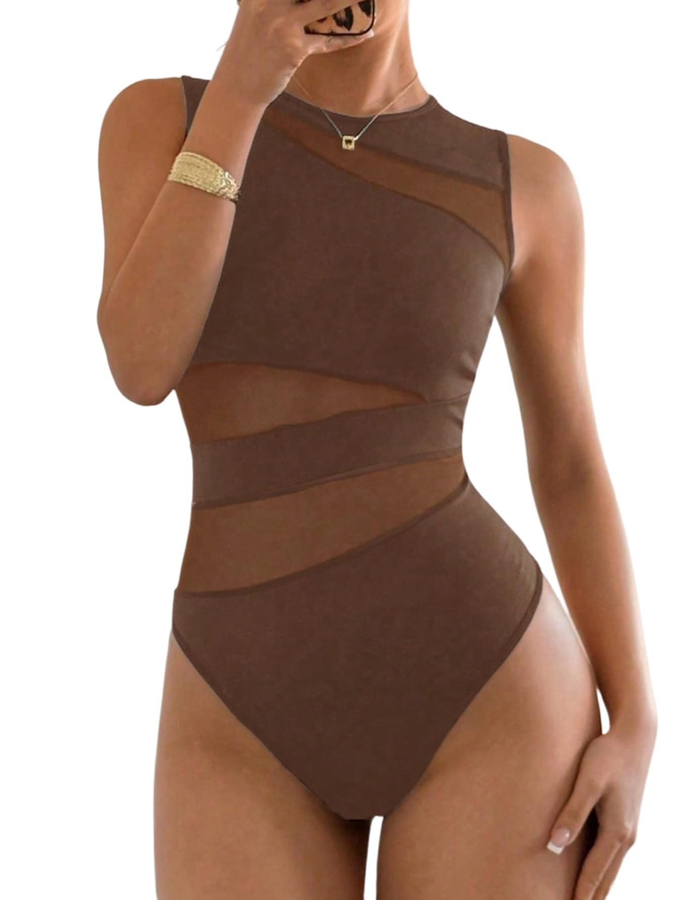 GORGLITTER Body sans manches pour femme - Transparent - Col rond - Body d'été en maille - Élégant débardeur