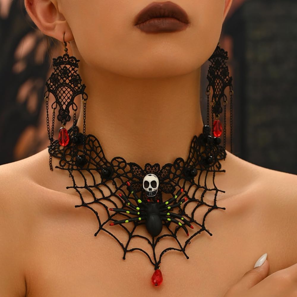 Kokoma Halloween Spider Web Jewelry Set for Women Gothic Skull Spider Crystal Charms Necklace Earrings Spooky Halloween Costume Party Accessories Jewelry - Image 3