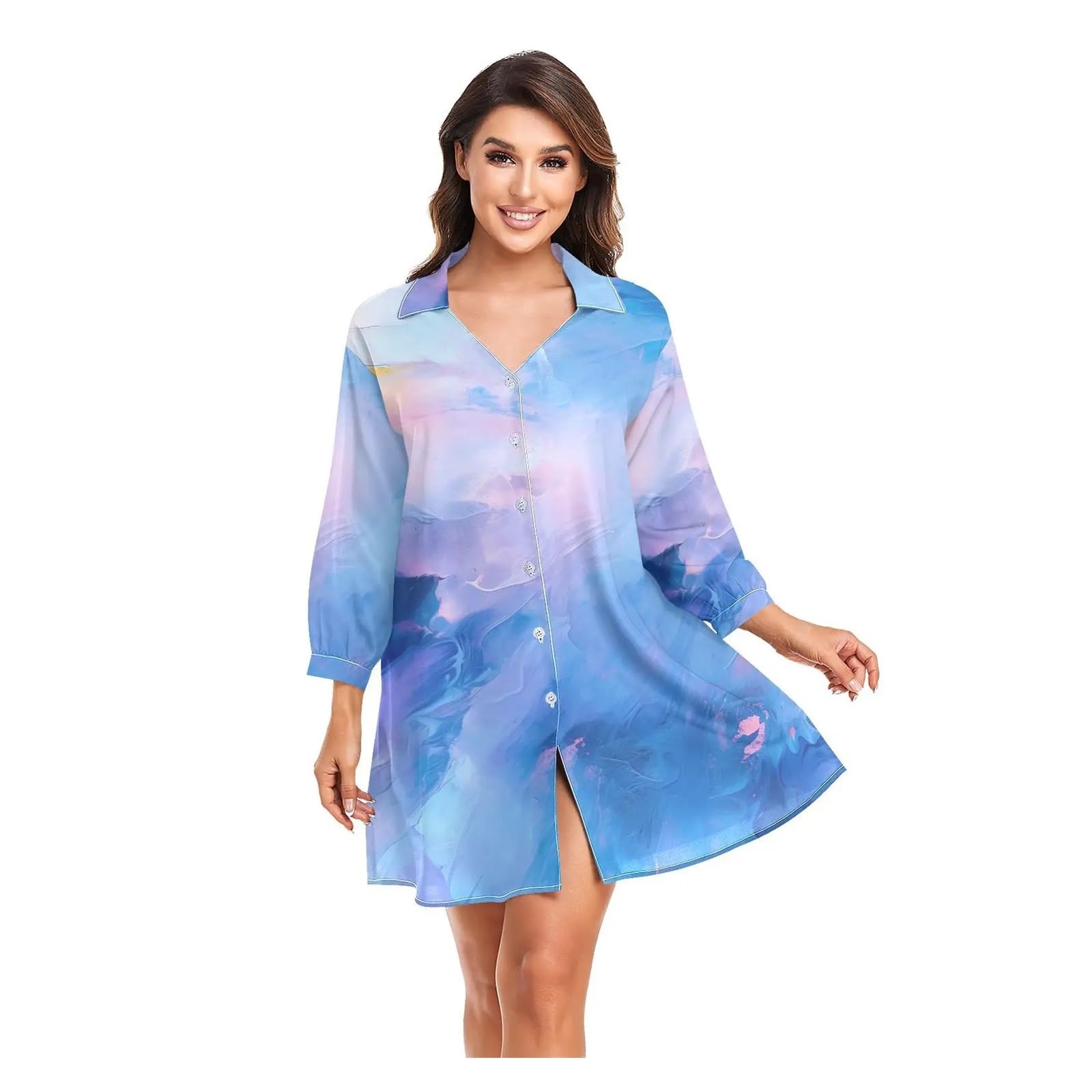 Bikini Cover Ups Bikini Cache Femmes Chemises de Plage imprimé marbre Maillot de Bain Cape été à Manches Longues Tunique Maillots de Bain Tenues(01,M)