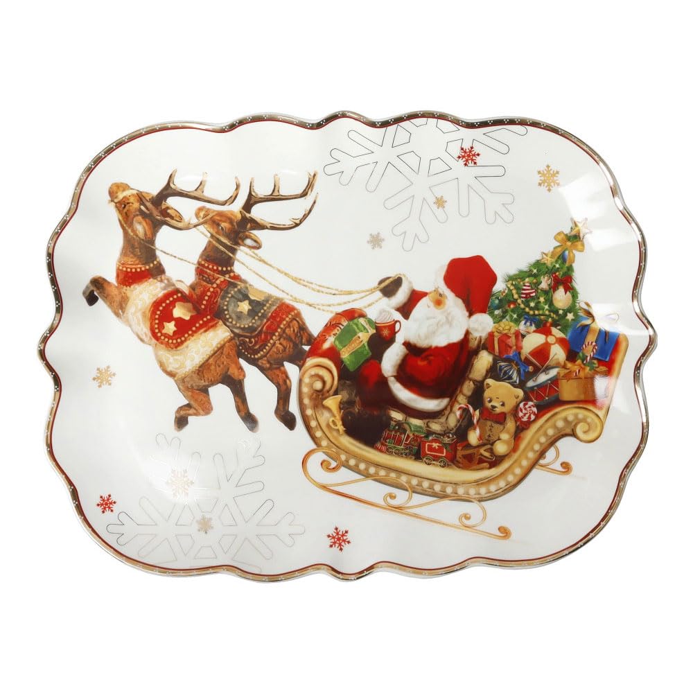 BRANDANI Plato de servir rectangular Navidad Christmas 89923 Porcelana Blanco Rojo Papá Noel Trineo 33 x 25 cm