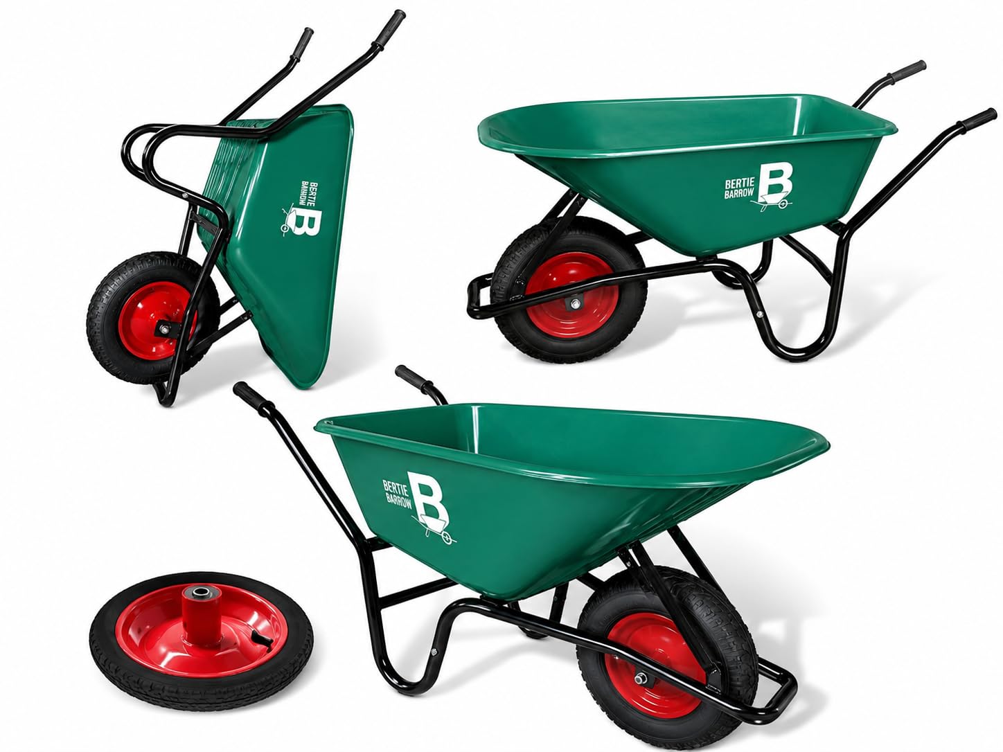 Bertie Barrow Green 100L Heavy Duty Garden Wheelbarrow – 250Kg Max Load – Rust-Proof Plastic Tray With Pneumatic Tyre & Steel Rim – Ideal For Gardening, Stables, Diy & Landscaping –
