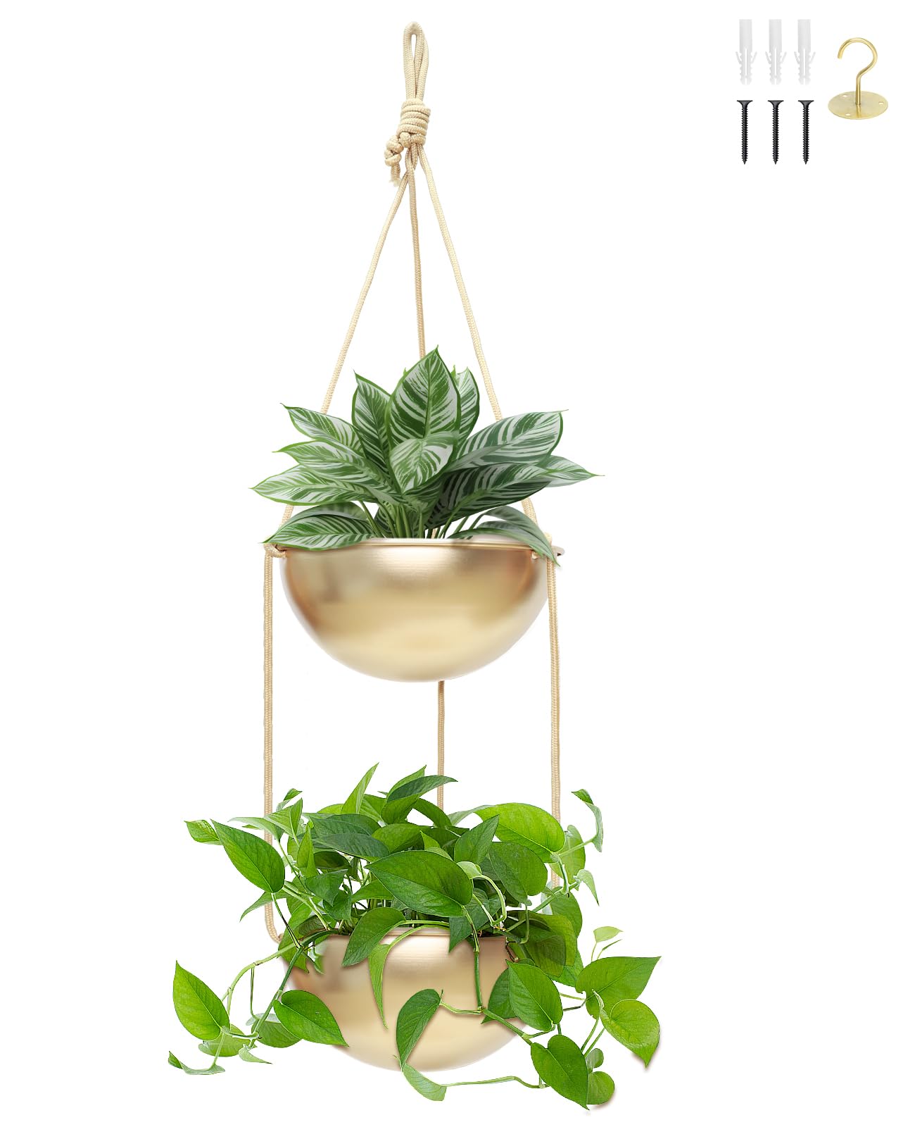 AceList 2 Pack Gold Hanging Planter for Indoor Plants - 9.8 Inch Boho Metal Plant Hanger Indoor with Hooks, Window Hanging Planters for Balcony and Ceiling