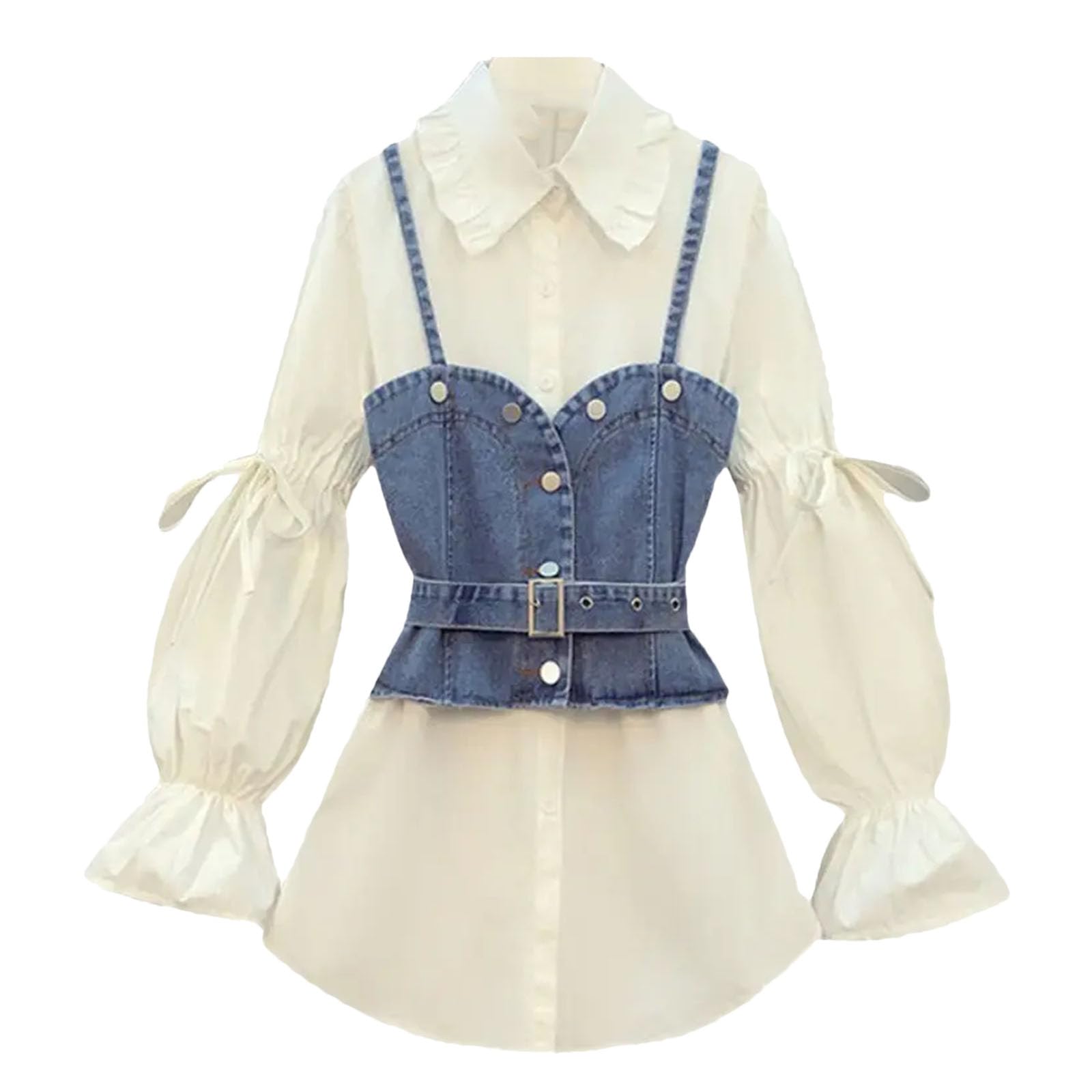 Camicia da donna con risvolto con volant e risvolto primaverile, set di due pezzi, gilet e camicetta con coulisse