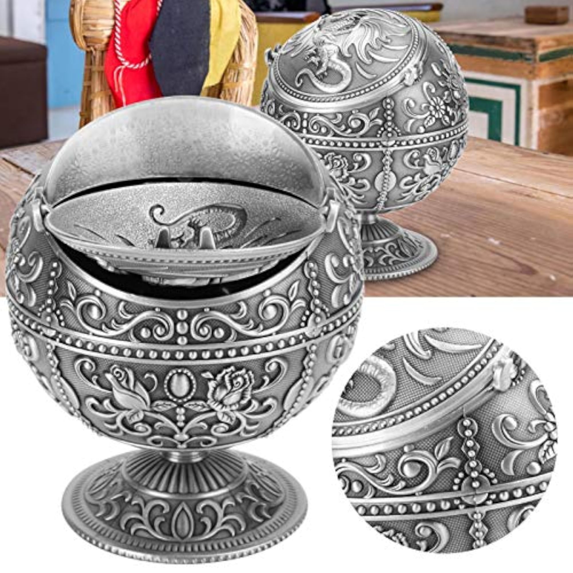 Vintage Zinc Alloy Ashtray with Dragon Relief Pattern