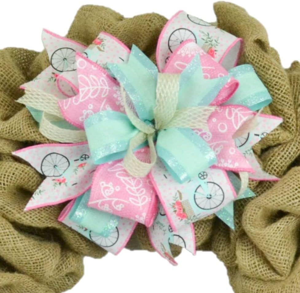 Spring Summer Bright Bike Playful Year Round Lantern Wreath Bow - Burlap Wreath Embellishment for Making Your Own - Layered Full Handmade Farmhouse Already Made (Spring (Bicycles), Set of 5)