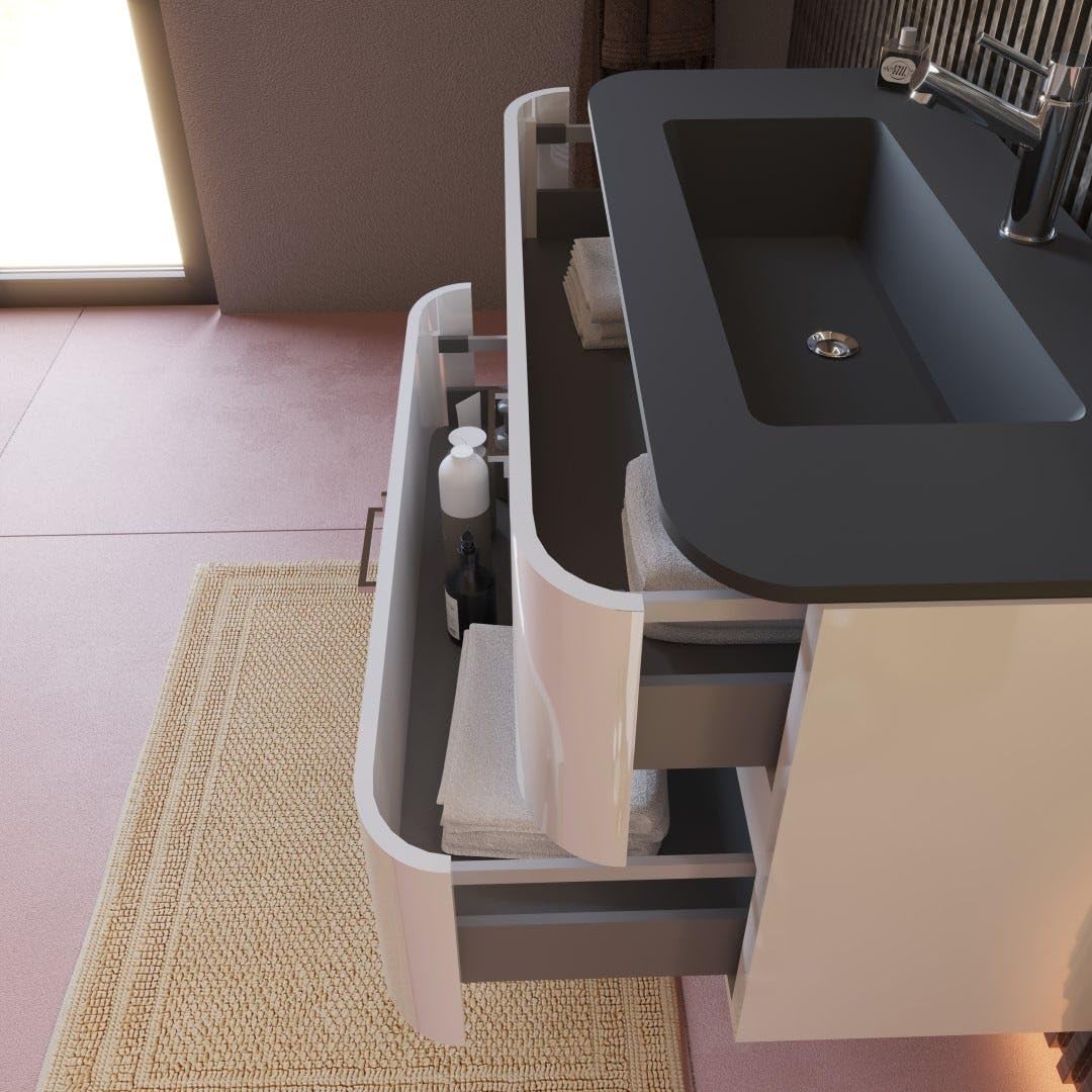 Kiamami Valentina Mobile Bagno Sospeso 100 cm Bianco Lucido Lavabo Nero
