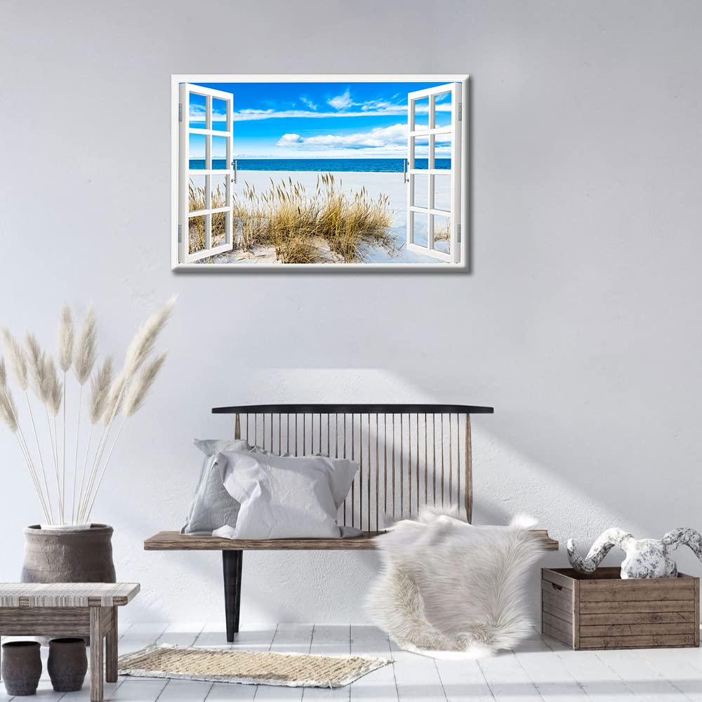 TISHIRON 3D Window Effect Beach Canvas Wall Art for Home Decor Artwork Sea Sandy White Beach Landscape Painting on Canvas for Living Room Framed Ready to Hang 12x18inch (30x45cm) - Image 2