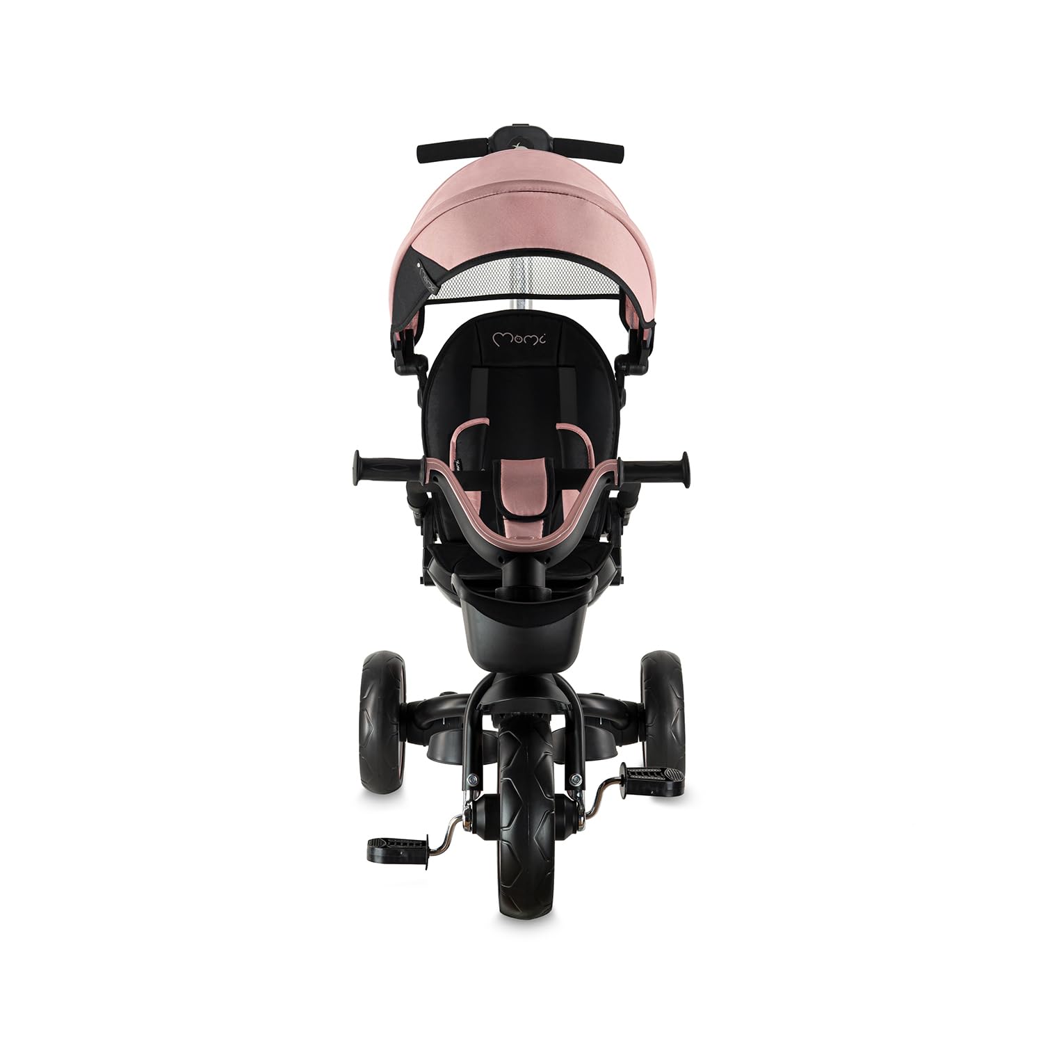 Triciclo per bambini MoMi IVI, seduta girevole 360°, cinture a 3 punti, poggiapiedi, tettuccio parasole, ruote EVA, manubrio regolabile, borsa e cestino portaoggetti