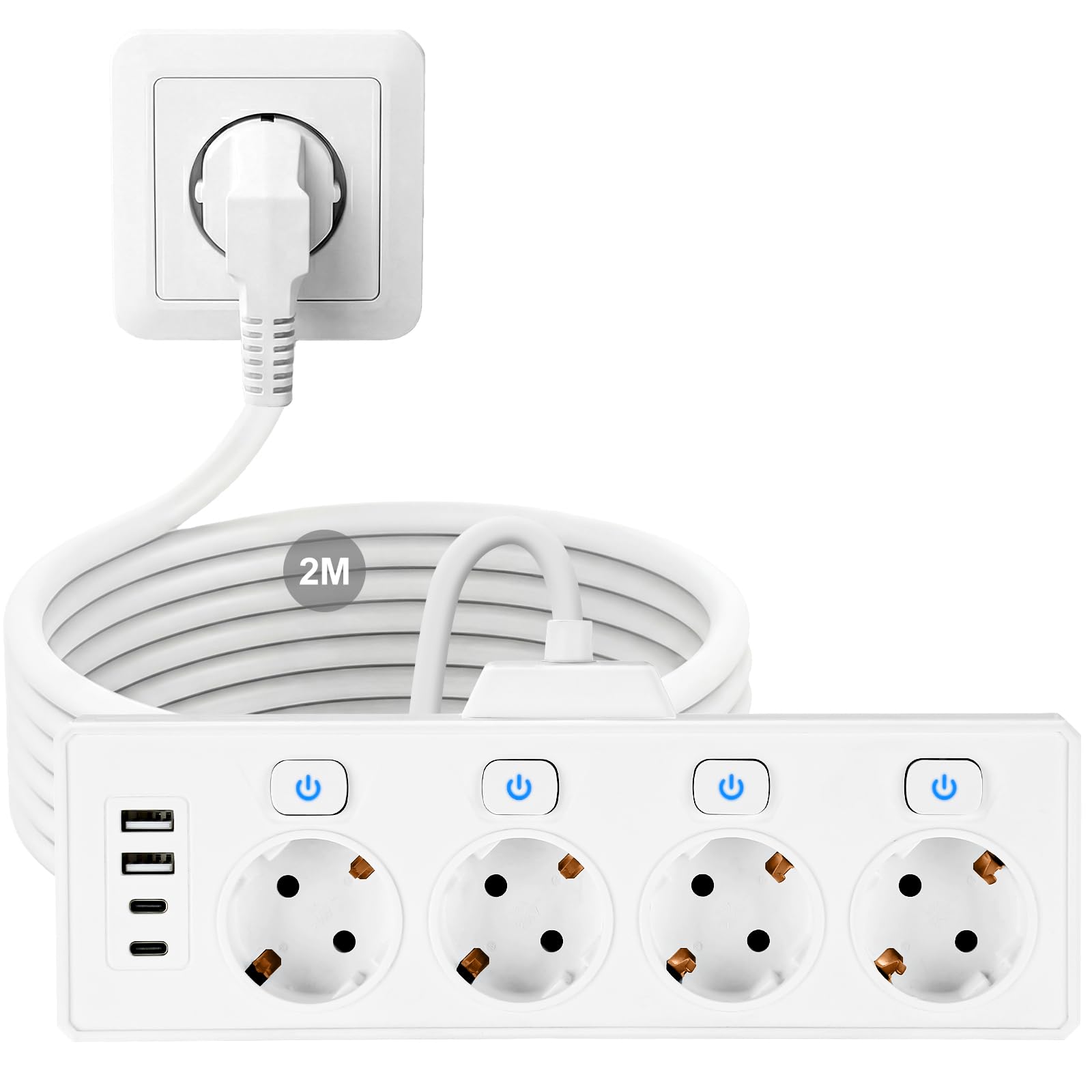Steckdosenleiste mit USB, Mehrfachsteckdose mit 4 Schuko & 2 USB A & 2 USB C, Steckdosenleiste Einzeln Schaltbar mit 2M Kabel, Steckdosenadapter für Büro Hause