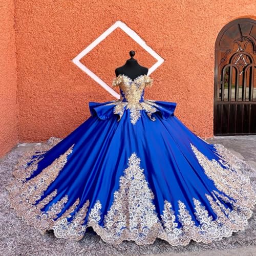 Princess Satin Quinceanera Dresses Gold Lace Sweet 16 Dresses Off The Shoulder Applique Long Ball Gown with Train4