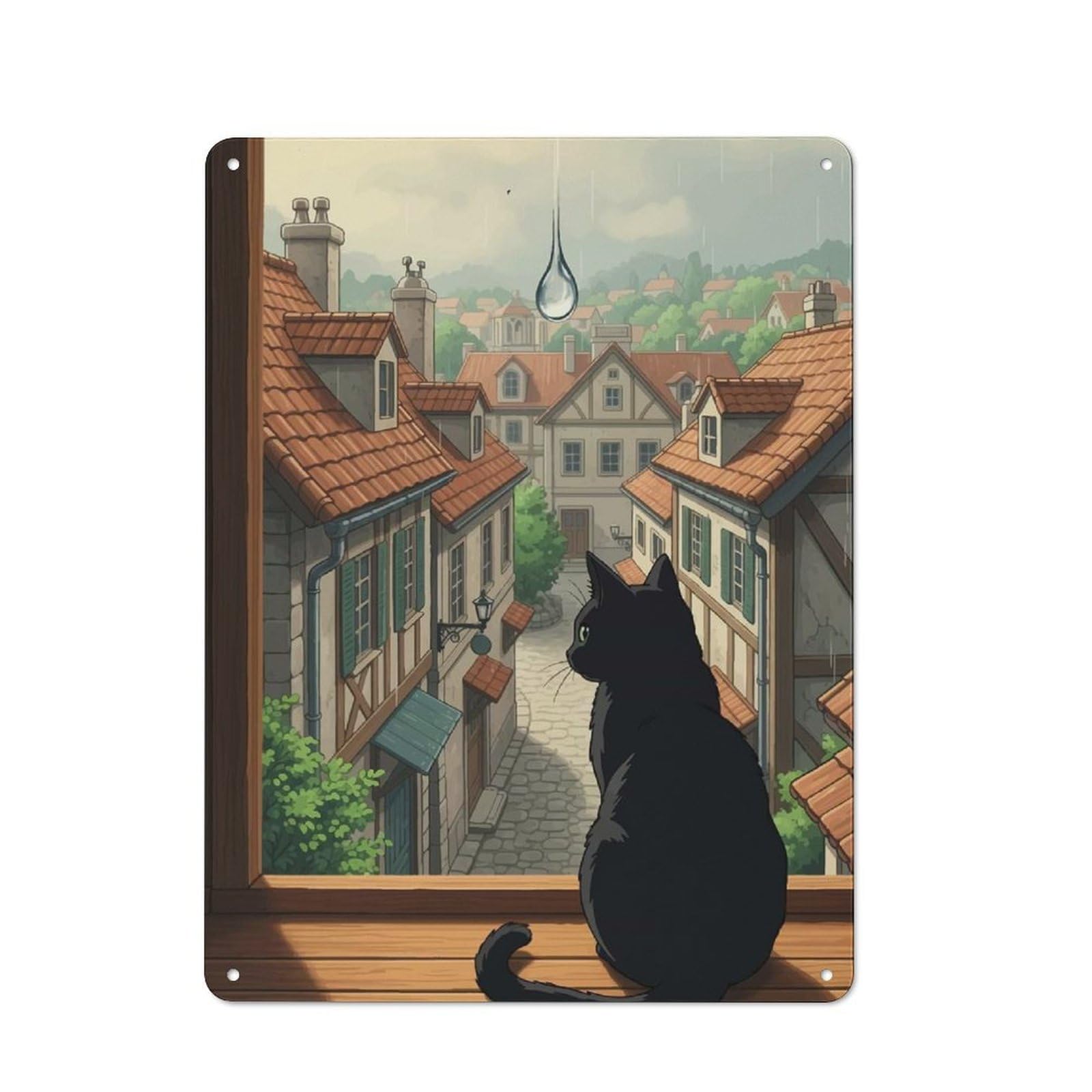Junmoney Style-23 Retro Black Cat Gazing At Rainy Town Metal Sign 40X30cm, Classic Pub Decor For Cafe, Pub, Workshop Or Home Bar, For Casual British Interiors
