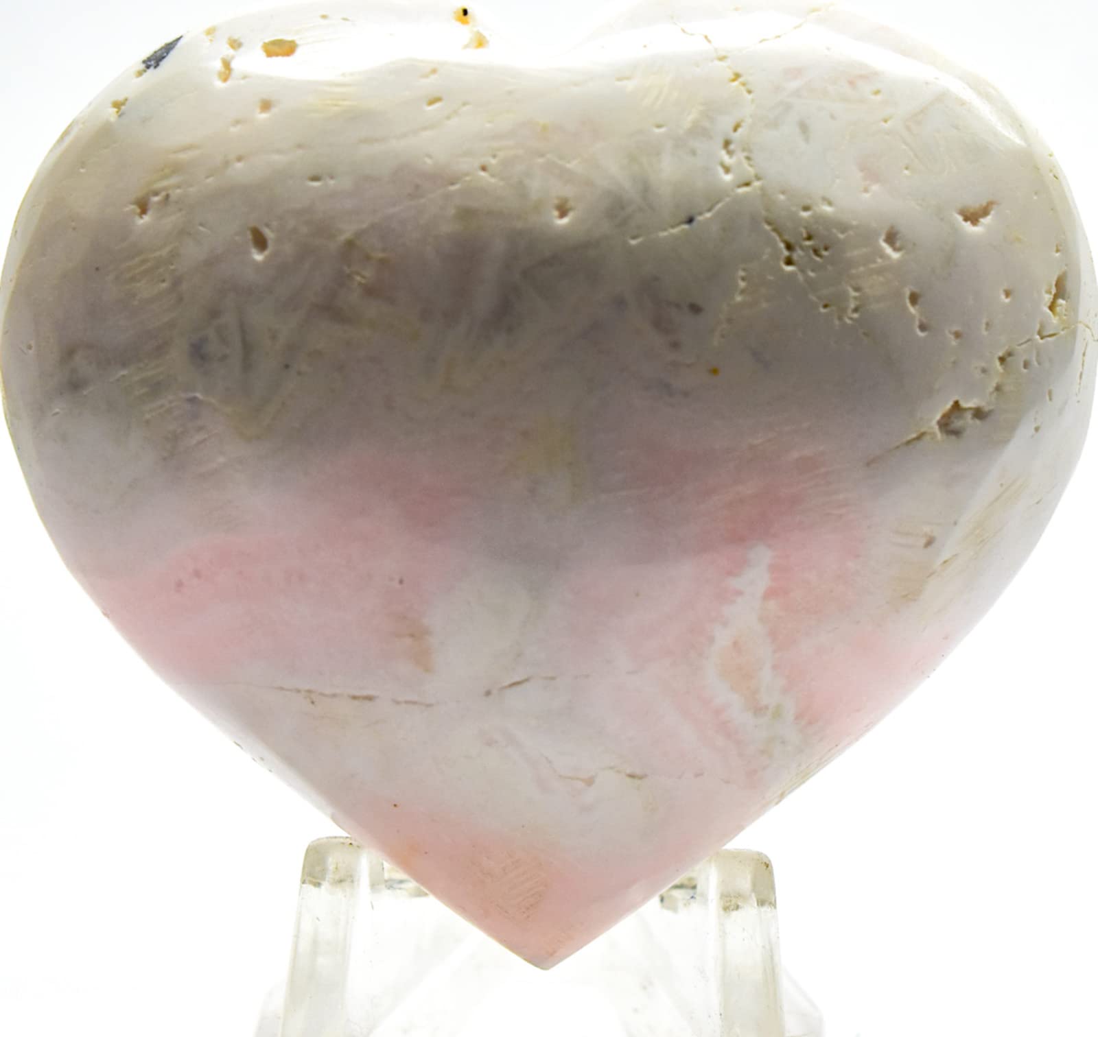 52mm 75g Soft Pink White Mangano Manganoan Calcite Heart Polished Natural Gemstone Crystal Mineral UV Reactive Specimen - Peru + Stand