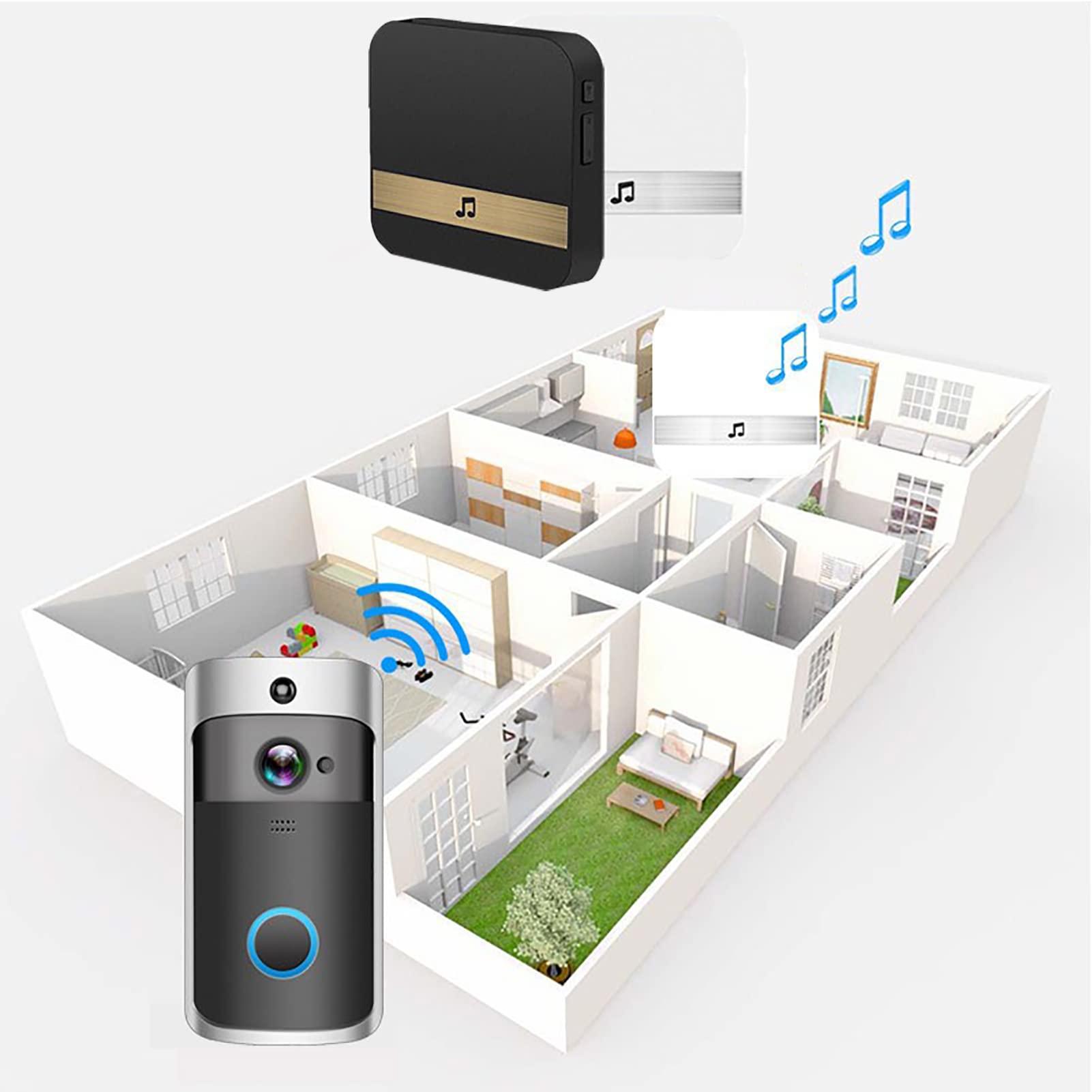 Timbre inalámbrico con cámara de video 2023, visión nocturna HD, WiFi, recargable, audio bidireccional, detección humana, gran angular de 166°, almacenamiento en la nube (negro)