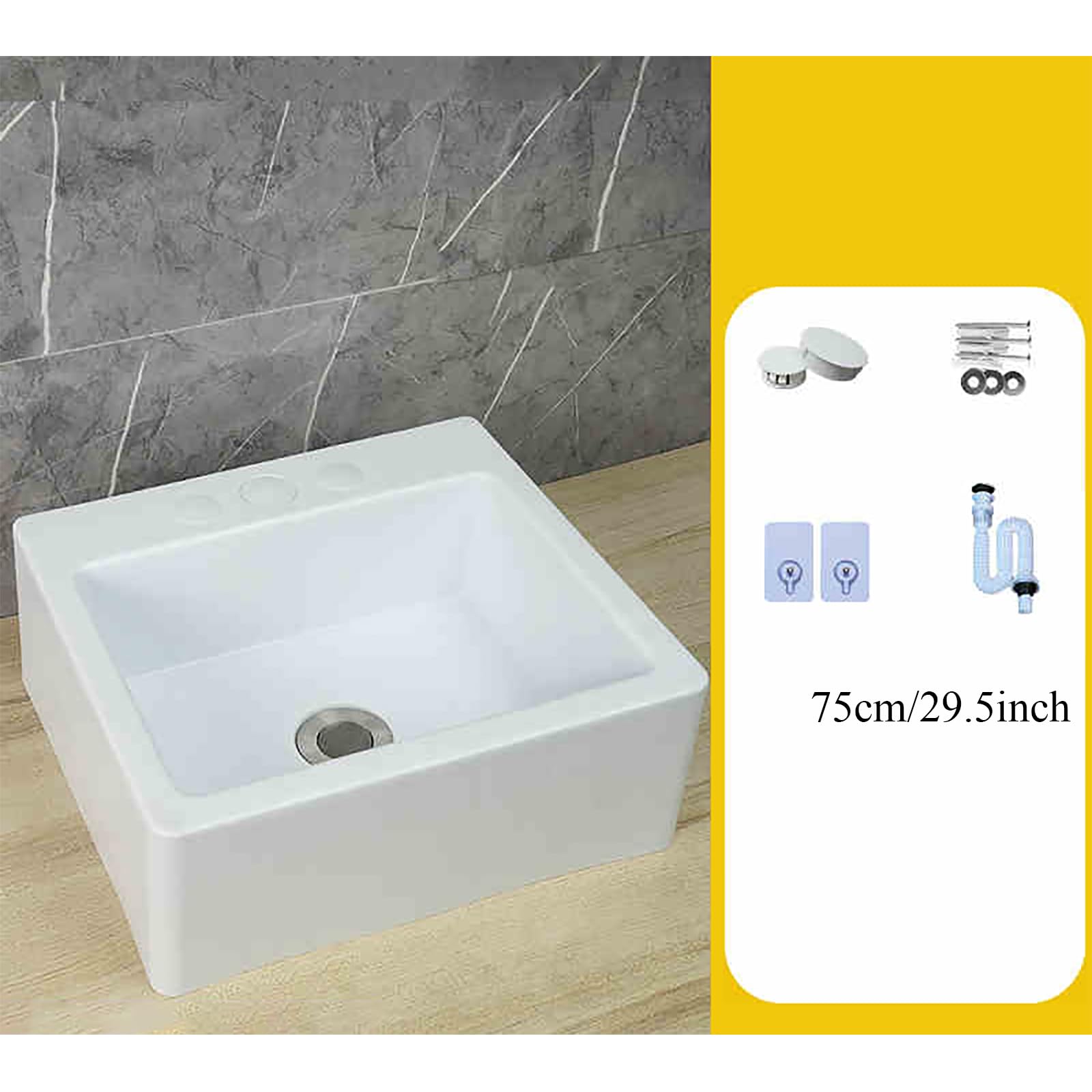 Bianco Lavello Quadrata, 33.5x29x13cm/13x11.4x5inch Lavatoio Lavapanni Monoblocco in Resina PP, Lavello Angolare da Bagno per Lavanderia Garage Bagno Guardaroba WC 75cm Conduttura Fognaria