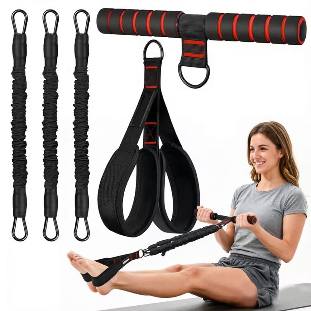 Upgraded Multifunction Pedal Resistance Band with Handle 3 Tube Adjustable Resistance Bands for Abdomen Exercise Bands for Full Body Workout, Home Gym Equipment