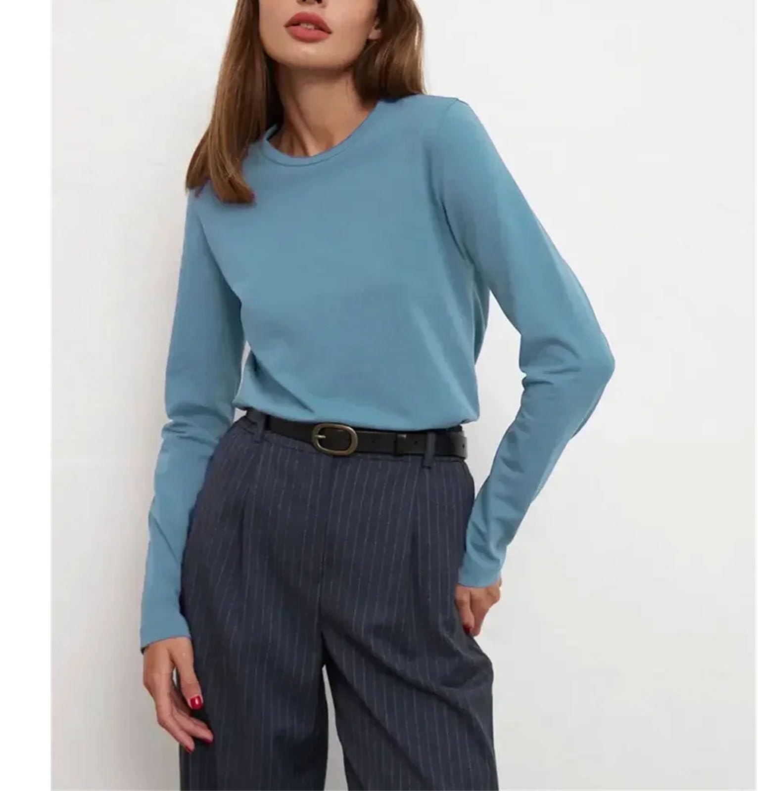 Camiseta de algodón para mujer, básica, color liso, manga larga, holgada, talla L