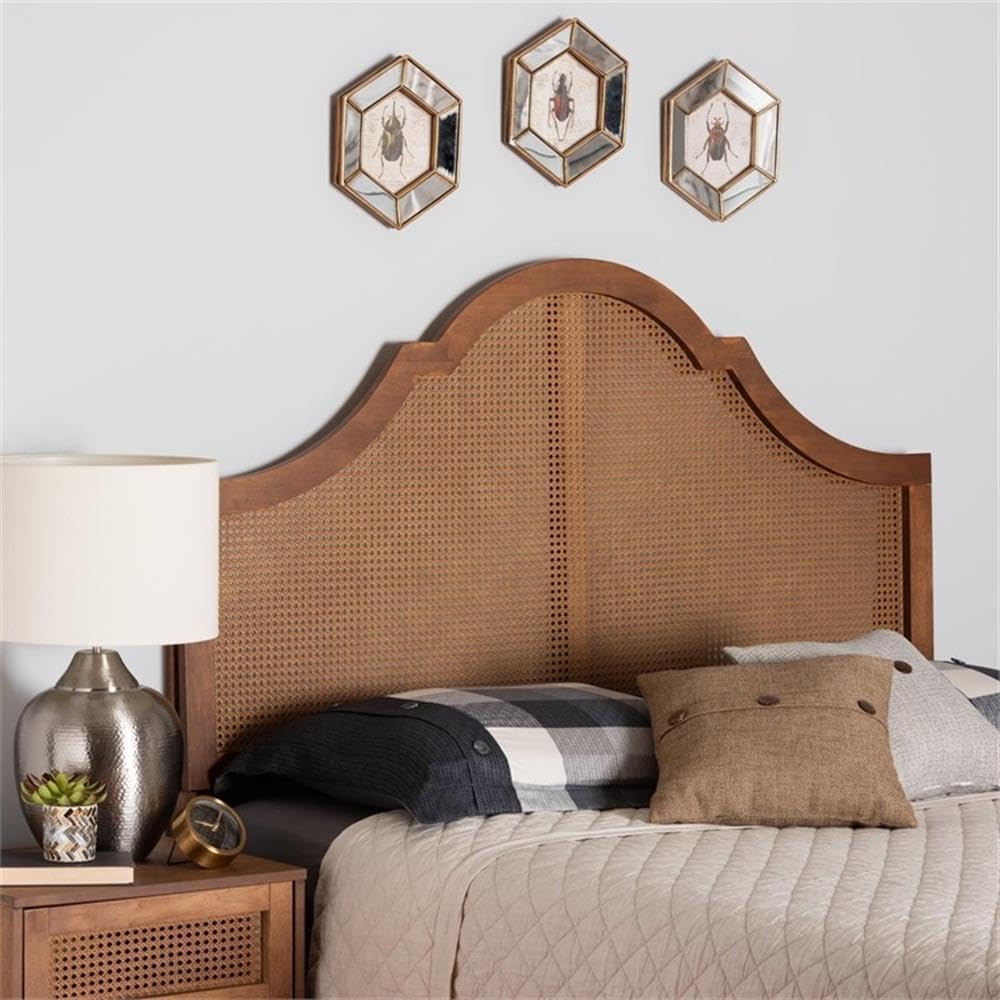 Pemberly Row Queen Size Wood Headboard, Ash Walnut Finish with Rattan, Adjustable Height 50-60 in, Arch Silhouette, Rubberwood Construction, Bedroom Furniture, Compatible with Bed Frame