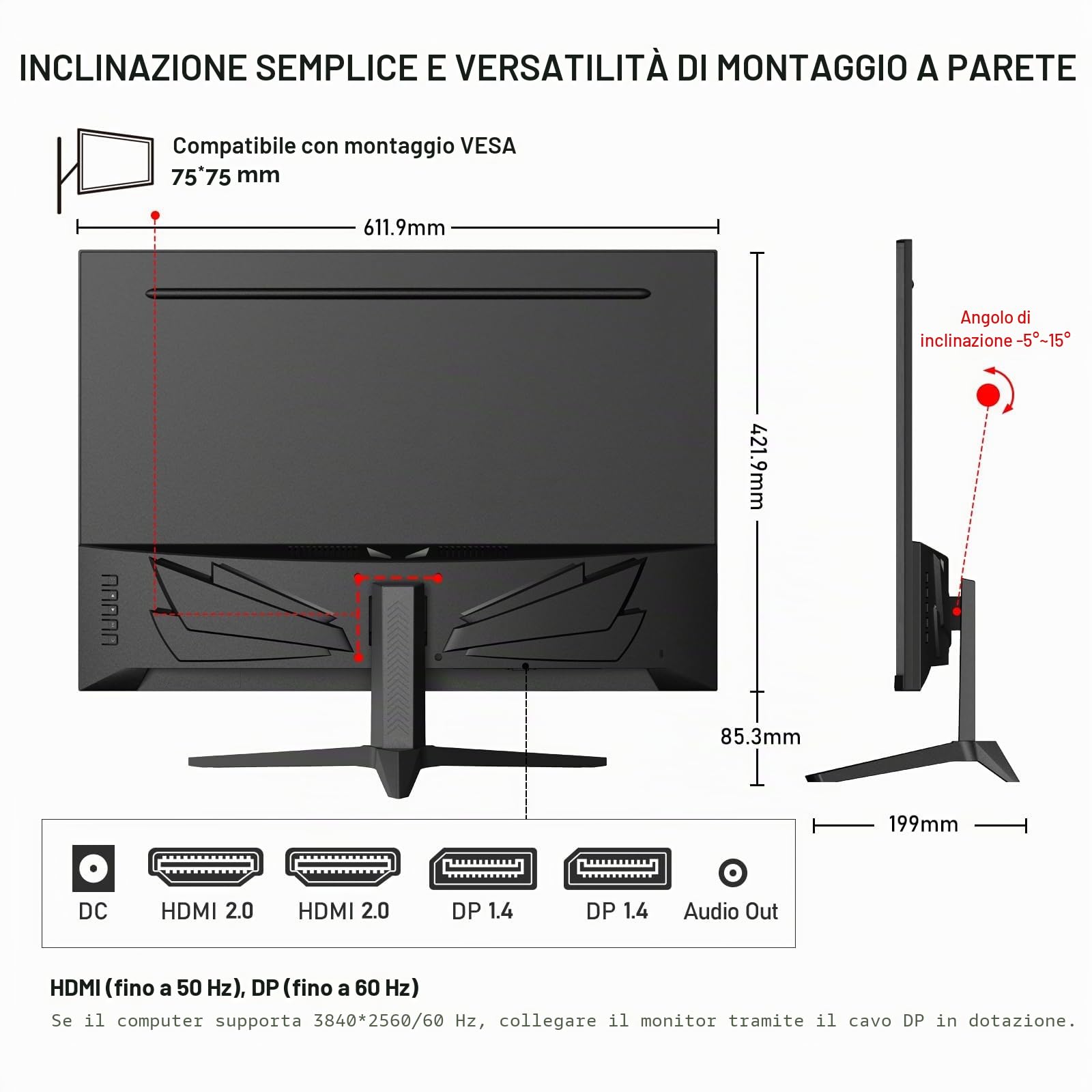 Gawfolk Monitor da gioco 28,5 pollici 4 K 60 Hz, schermo IPS PC con altoparlante 3840 x 2560P, schermo del computer con FreeSync, HDMI, DisplayPort, angolo di visione ampio 178°, supporta VESA 75 x 75