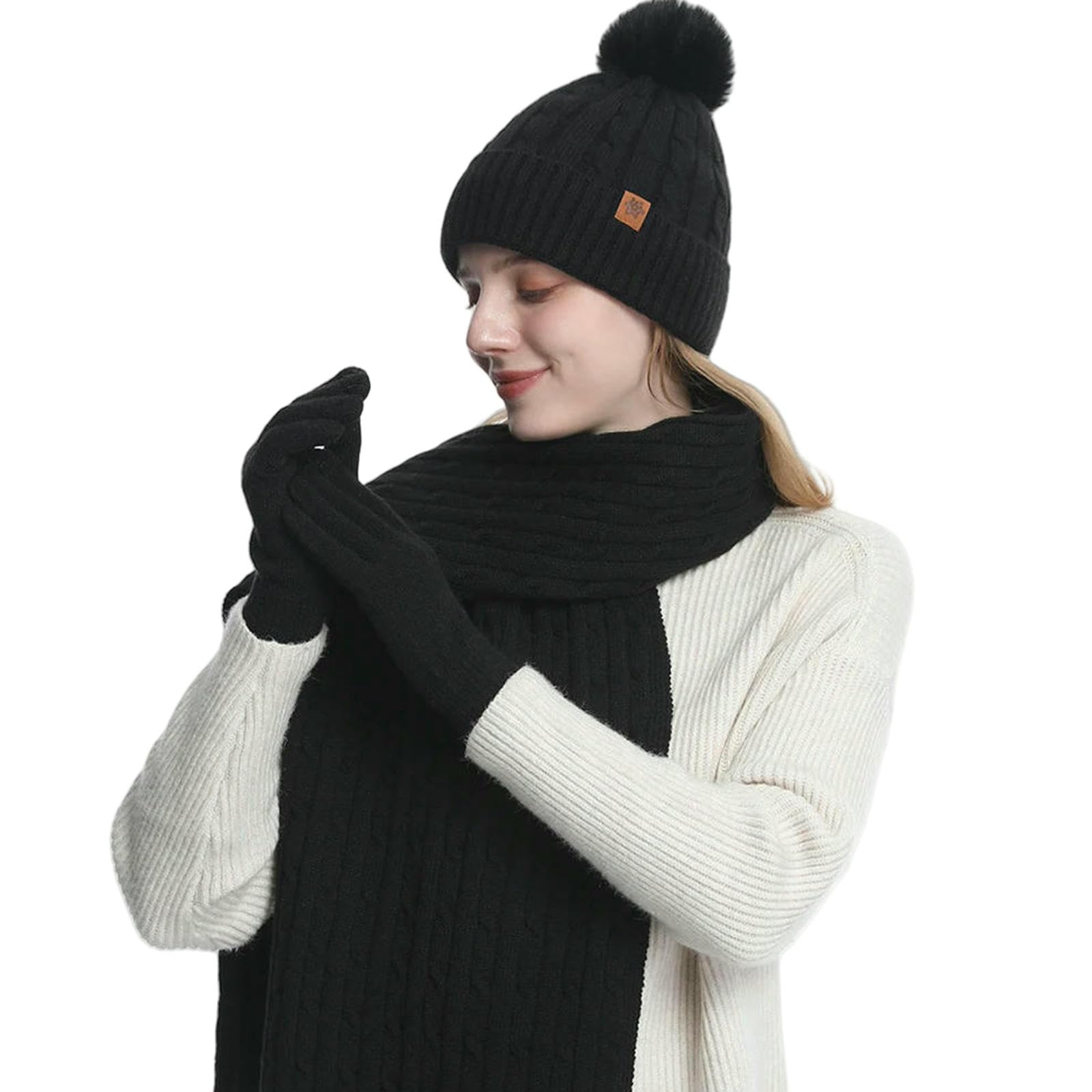 Mütze,Schal & Handschuh-Sets 3 Teile Satz Frauen Winter Hut Schal Handschuhe Faux Pelz Ball Teenager Mädchen Gestrickte Wärmer Anzug Warme Winddicht Frau Kappe Set-rosa-56-60cm