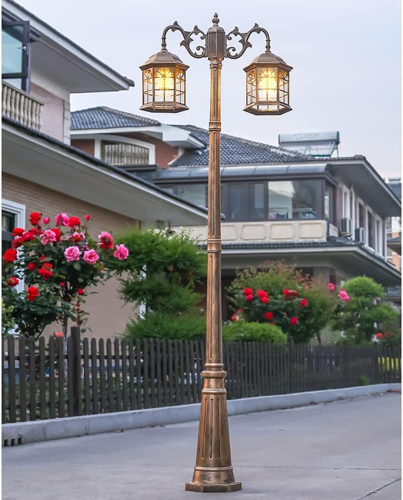 Outdoor Lamp Post Light,100Inch 2-Head Aluminum Pillar Post Light Garden Path Pillar Lamp Ip65 Waterproof Street Light Glass Lantern Courtya(Black-112inch) (Bronze 88inch)