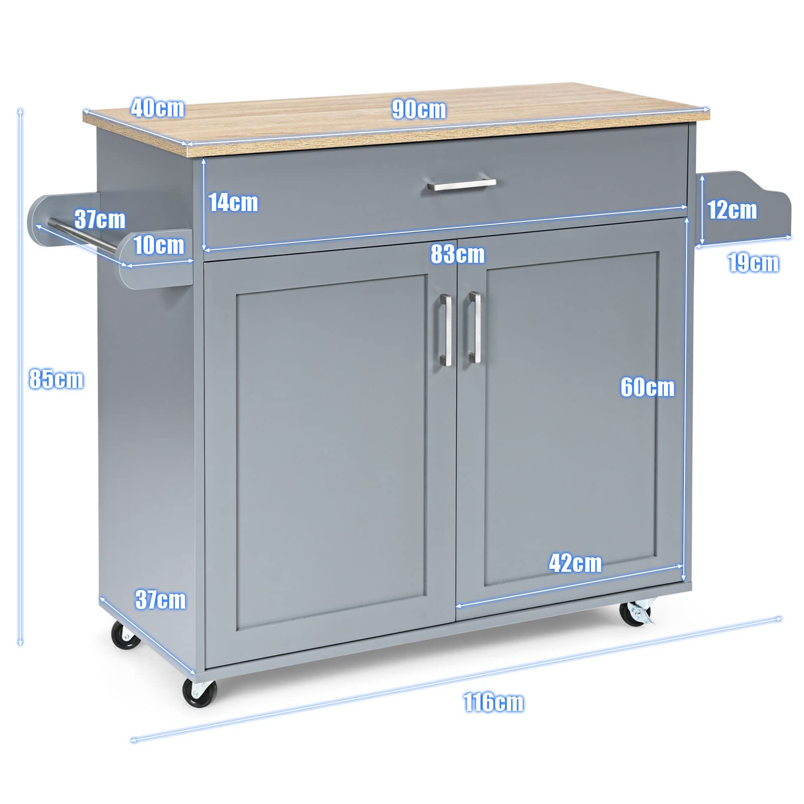 COSTWAY Dessert de Cuisine à roulettes Verrouillables, Ilot Central Cuisine Étagère Réglable sur 3 Niveaux, Grand Placard, Tiroir, Porte-épices et Porte-Serviettes, 40 x 116 x 85 cm (Gris)