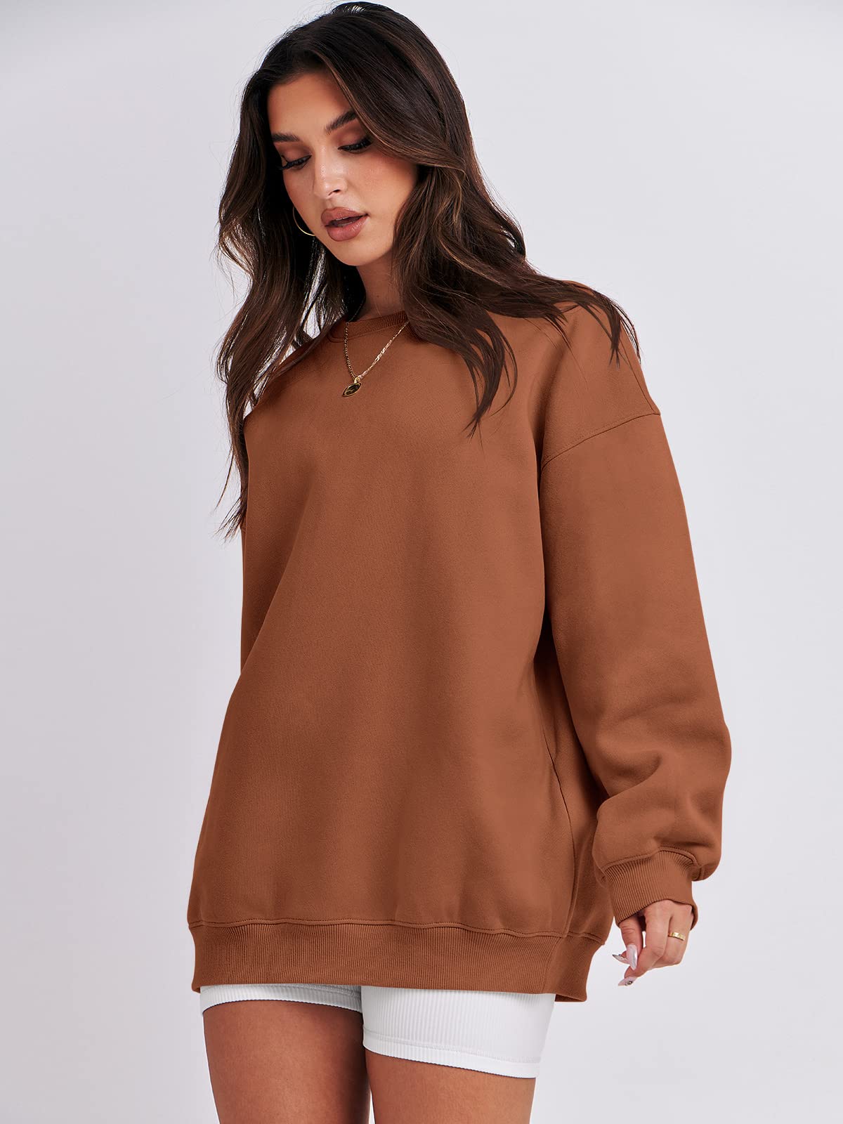Damskie bluzy oversize bluzy z kapturem polar okrągły dekolt sweter top codzienne jesienne stroje preppy ubrania nastolatki 2024 A1019 światło, Jeden kolor, Caramel_S