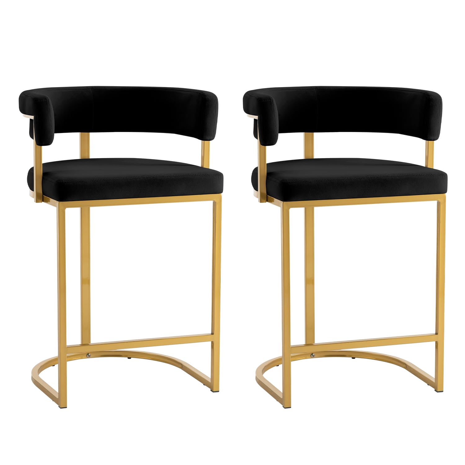 TUOMUR Modern Barrel Bar Stools Set of 2, 26" Velvet Counter Height Stools with Comfy Back and Arms, Sherpa Upholstered Kitchen Island Chair, Black