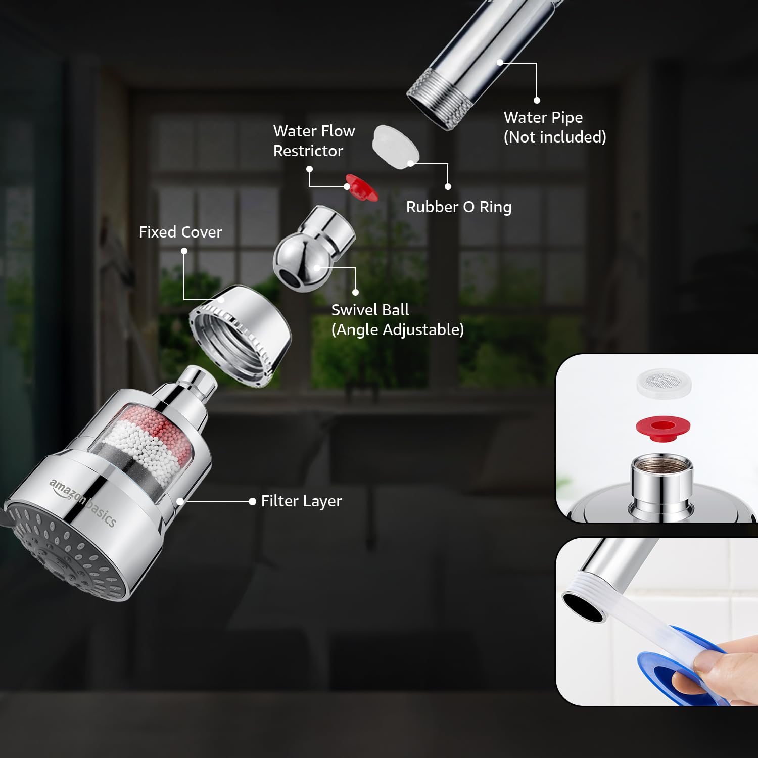 Amazon Basics Filtered Shower Head with 5 Spray Modes | Water Softener | ABS Material | Chrome Finish | 10.3Lx 9.6W x 16.2H cm 4