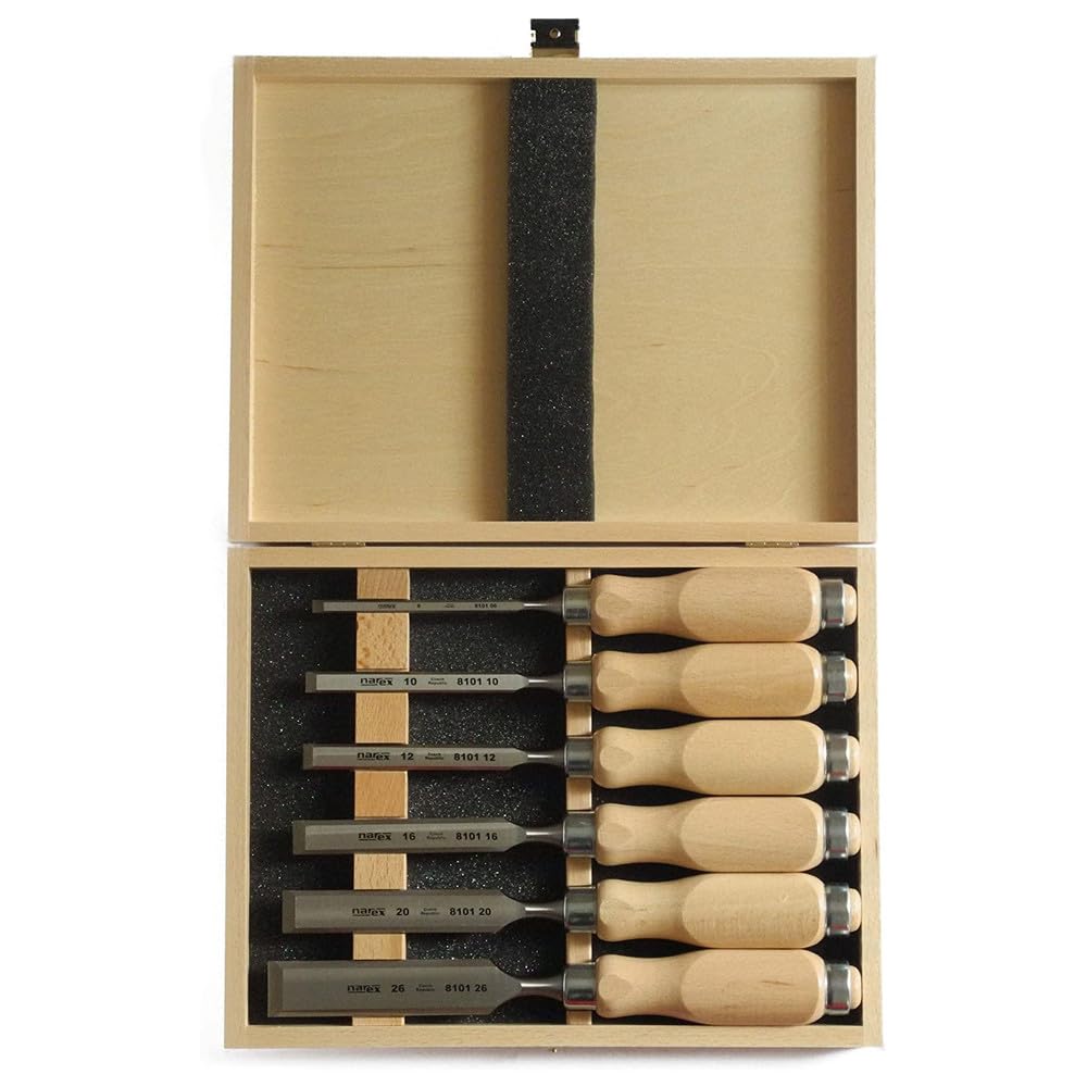 Narex Set di scalpelli a bordo smussato, con manici in legno, in custodia di legno, set da 6 pezzi