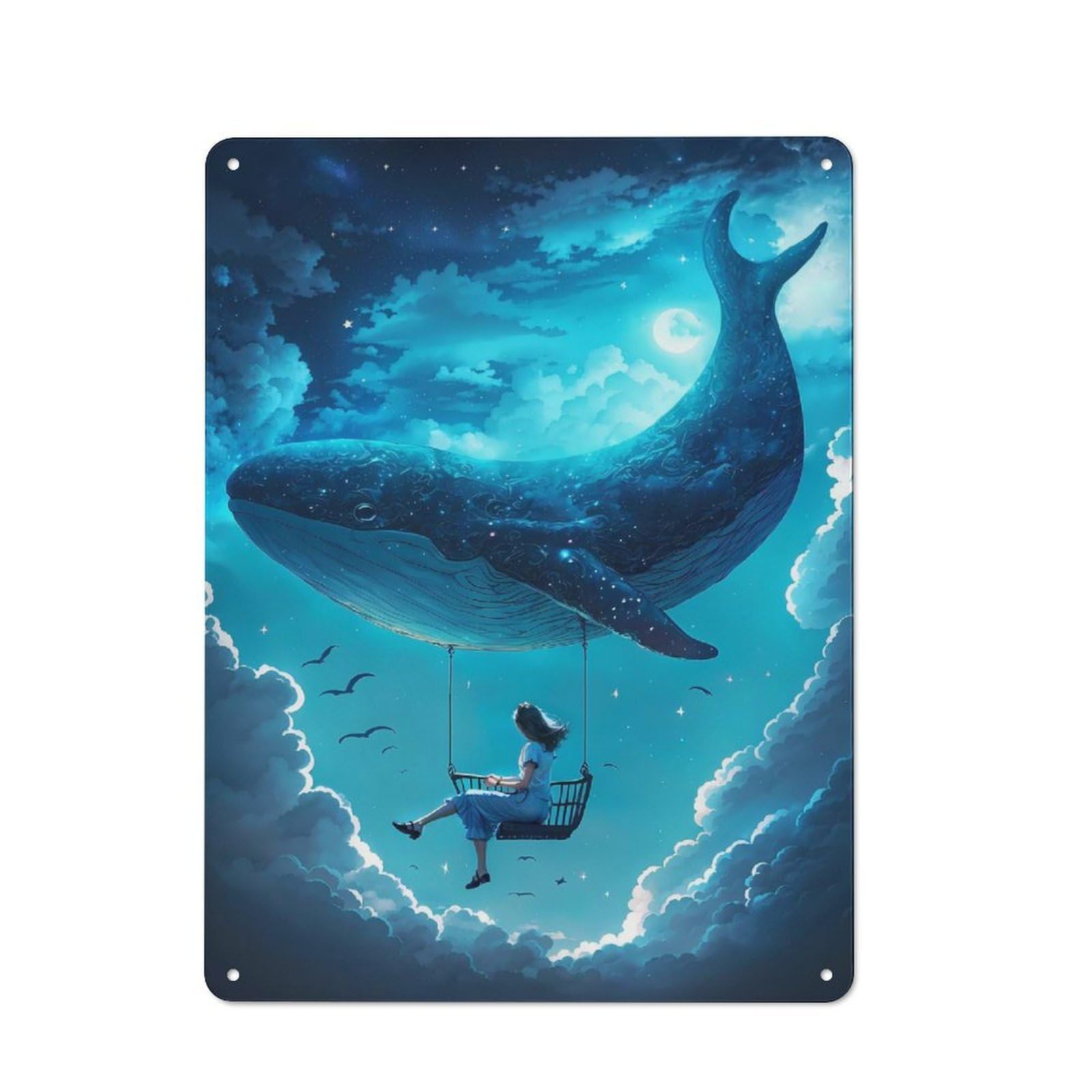 Fly To The Moon With Whale Decorative Metal Sign 40x30cm, Understated Studio Wall Plaque for Hobby Room, Office, Lounge Or Living Room