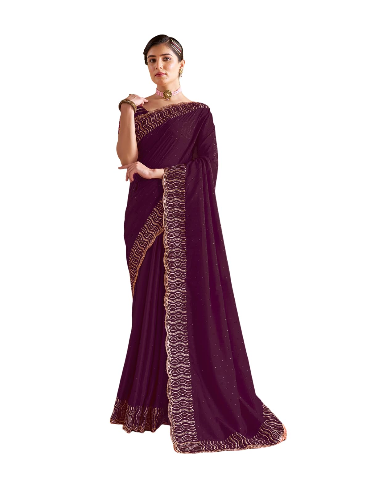 Satrani Women's Vichitra Silk Hot Fixing Embroidery Border Saree with Unstitched Blouse Piece
