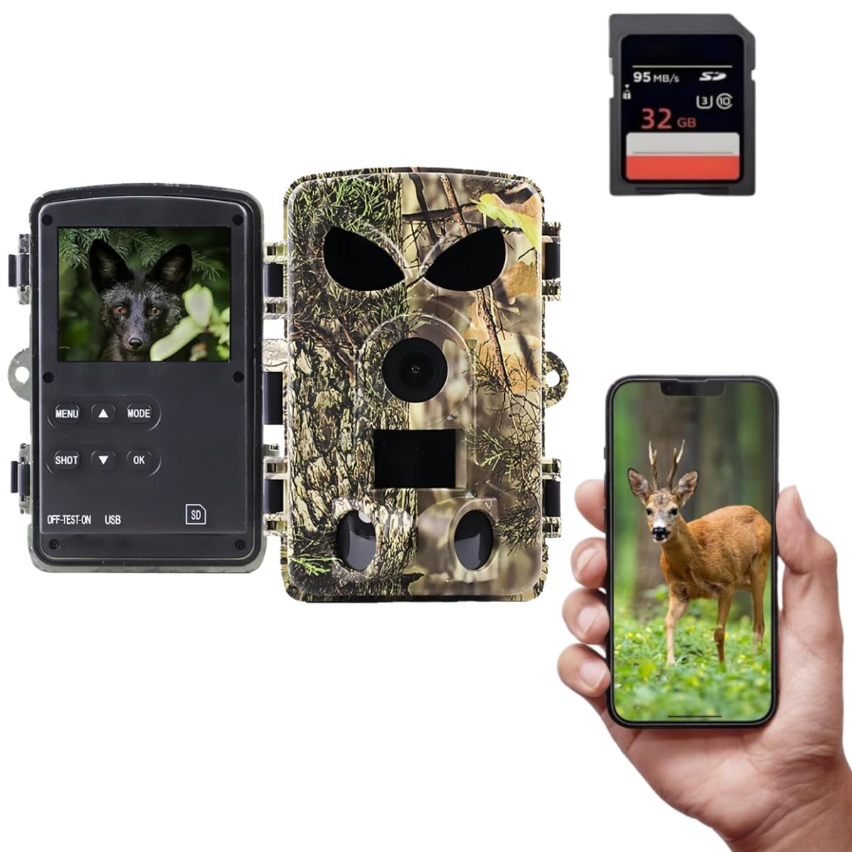 Wildkamera mit Handyübertragung APP, 5K 64MP HD WLAN Bluetooth mit 32GB Speicherkarte, Wildkamera mit Bewegungsmelder Nachtsicht, 0.1s Auslöser, IP67 Wasserdicht, 130° Weitwinkel