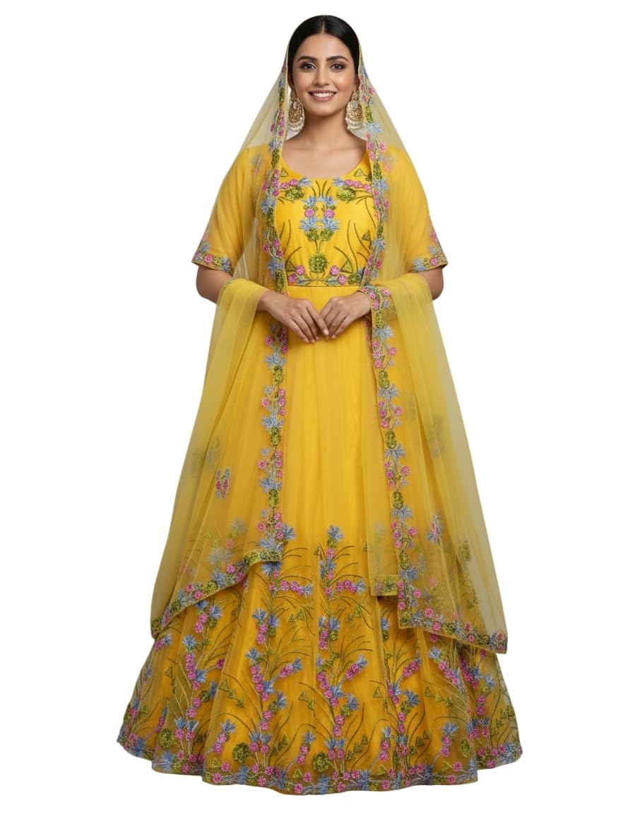 julee Women's Net Embroidered Semi-Stitched Gown Rangoli Yellow-Gem-picture-19