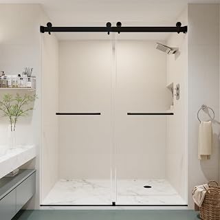 Frameless Shower Door, 56-60" W x 76 H Double Sliding Shower Doors, Stainless Steel, 5/16’’(8mm) Thickness ANSI&SGCC Certified Glass, Smooth Sliding, Glass Door for Walk in Shower, Matte Black