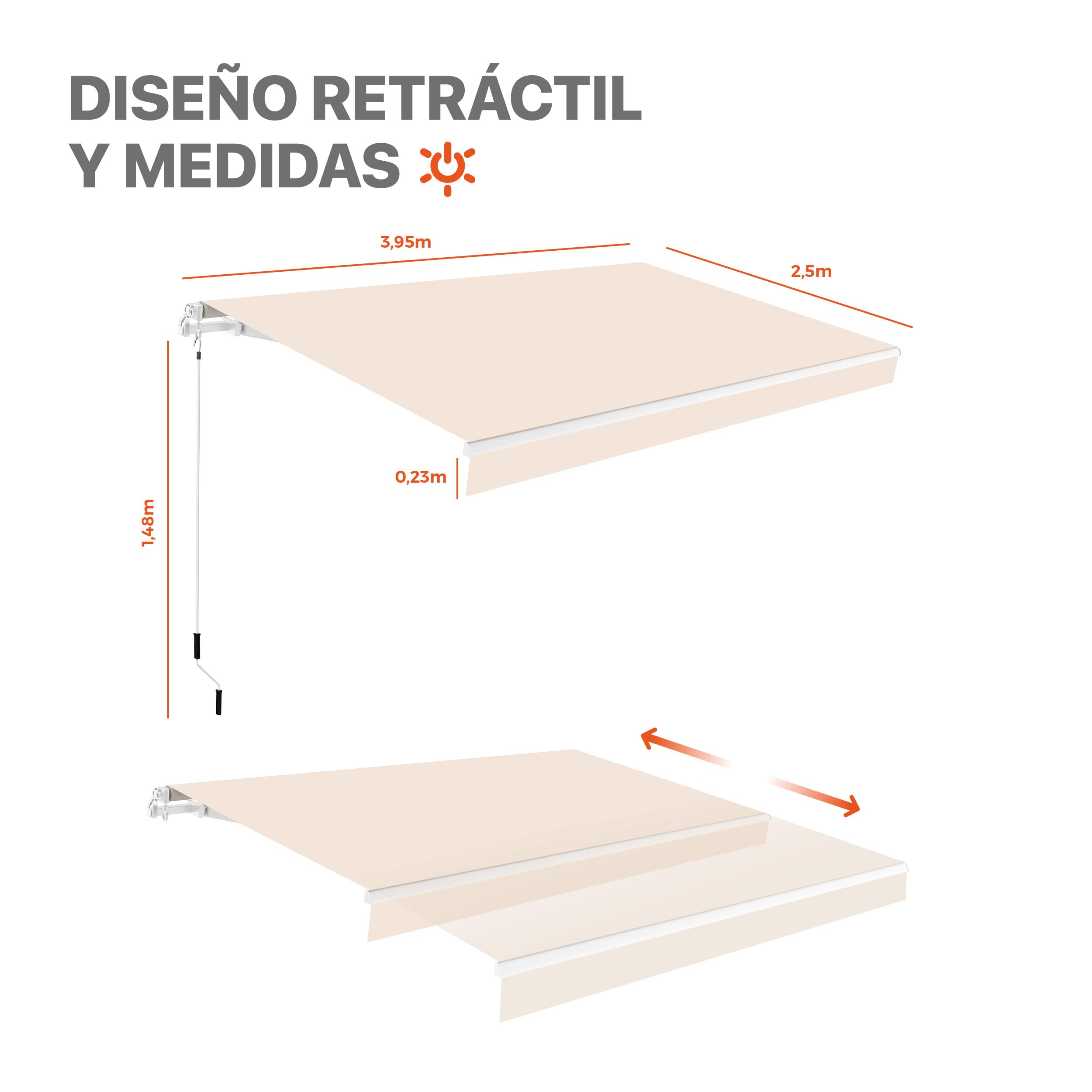 SmartSun - Tenda da sole per esterni ecru, manuale, 4 x 2,5 m, per terrazza, balcone o giardino, struttura retrattile, antracite, alluminio robusto, tessuto in poliestere, avvolgibile, manovella