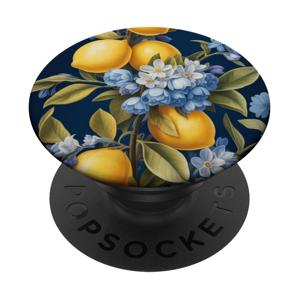Cute Lemon Citrus Fruit Floral Pattern Dark Blue Aesthetic PopSockets Adhesive PopGrip