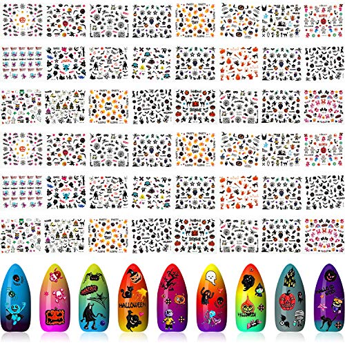 2400 Pieces Halloween Nail Design Stickers Halloween Nail Decal Stickers Self-Adhesive Nail Tattoo Pumpkin Ghost Skull W