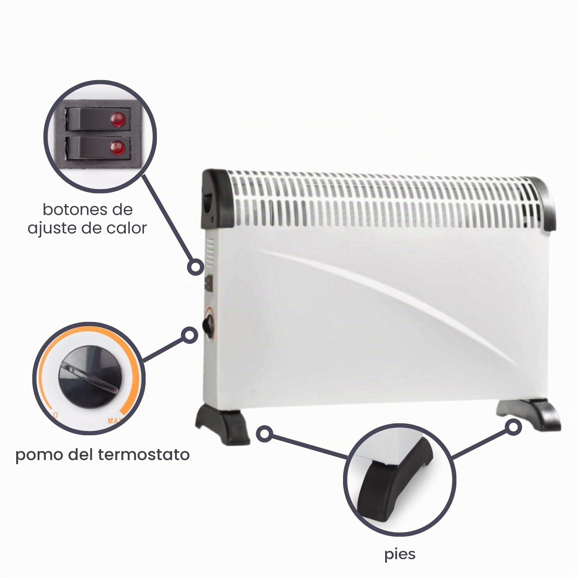 Perel Calefactor convector 2000W, convector eléctrico con 3 niveles de calor, termostato, IP20 protección contra sobrecalentamiento, portátil o montaje mural para estancias hasta 60 m³