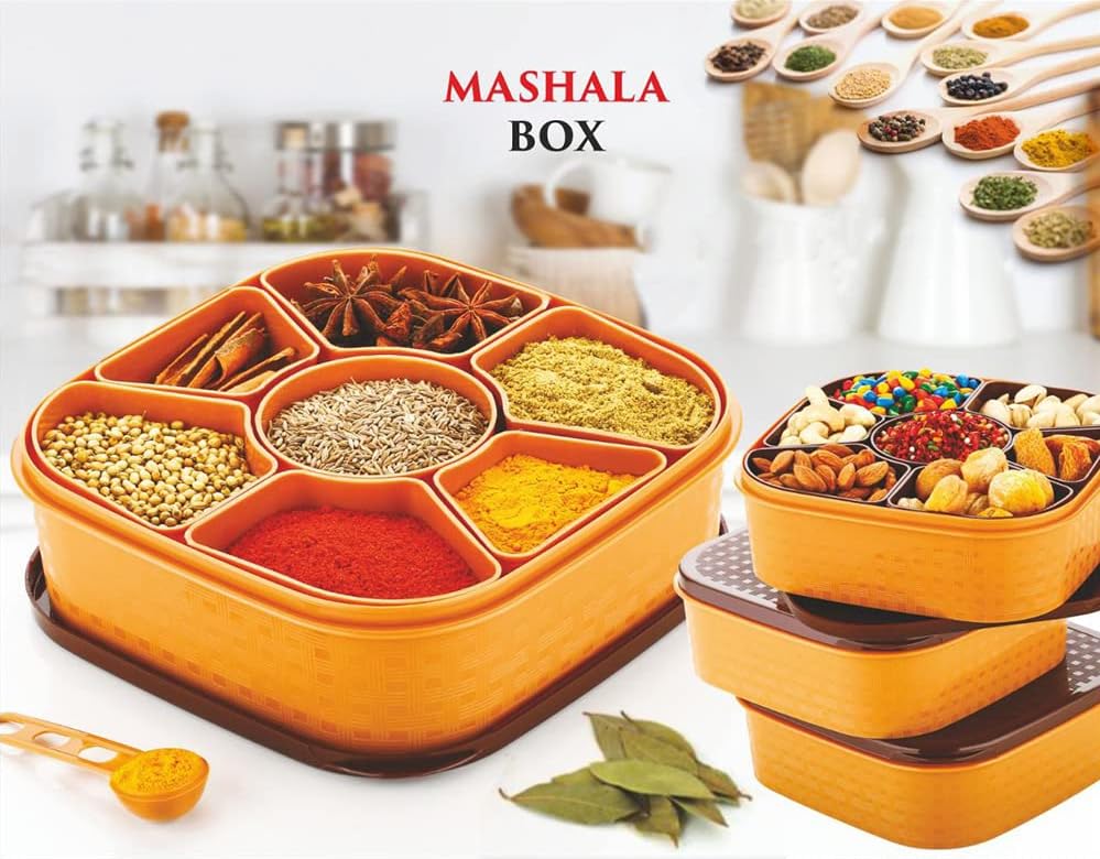 Image of Shuttle Art Multifunctional Plastic Square Shape 7 in 1 Classic Look Masala Rangoli Dabba Spice Box Set Ideal for Home and Kitchen (MULTICOLOR)