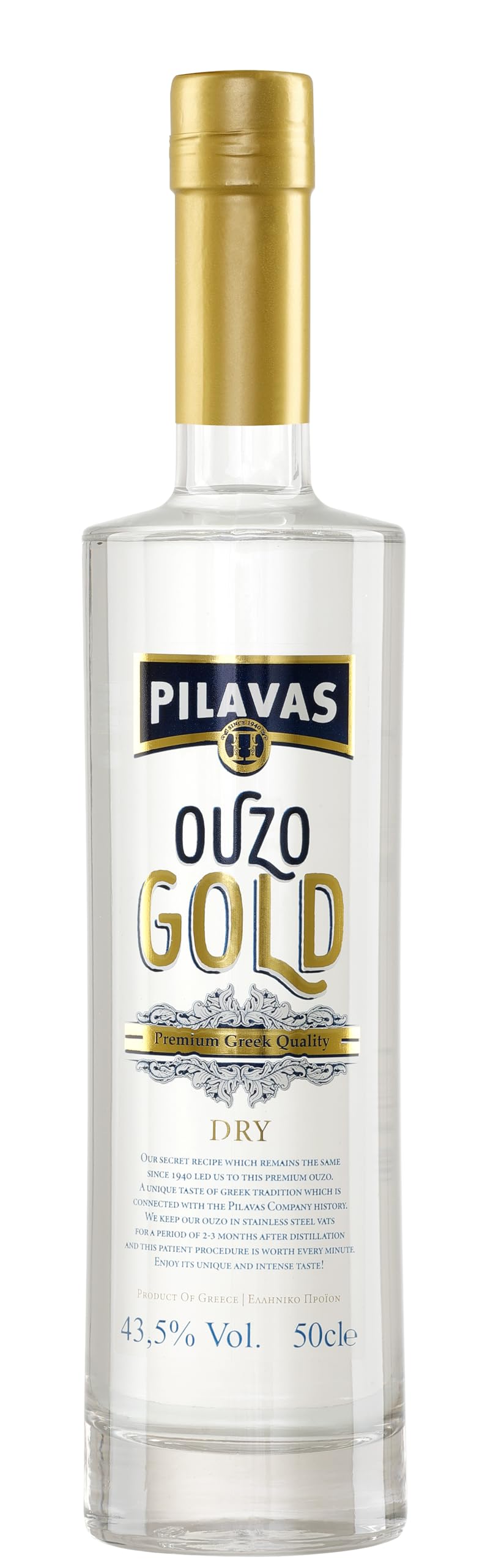 Ouzo Pilavas Gold Dry 43,5% 0,5l Flasche | Der neue Ouzo von Pilavas | Besonders aromatisch | Ohne beigefügten Zuckersirup | Exklusiv-Import