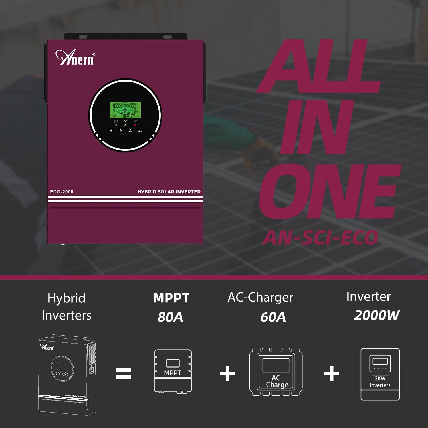 Anern 2000W 2KW Solar Wechselrichter Hybrid 12VDC bis 230VAC 2000W, Integrierter MPPT 80A Solar Ladegerät, Max. 400V PV Eingangsspannung, Betrieb mit Blei- und Lithium-Batterien (2KW)