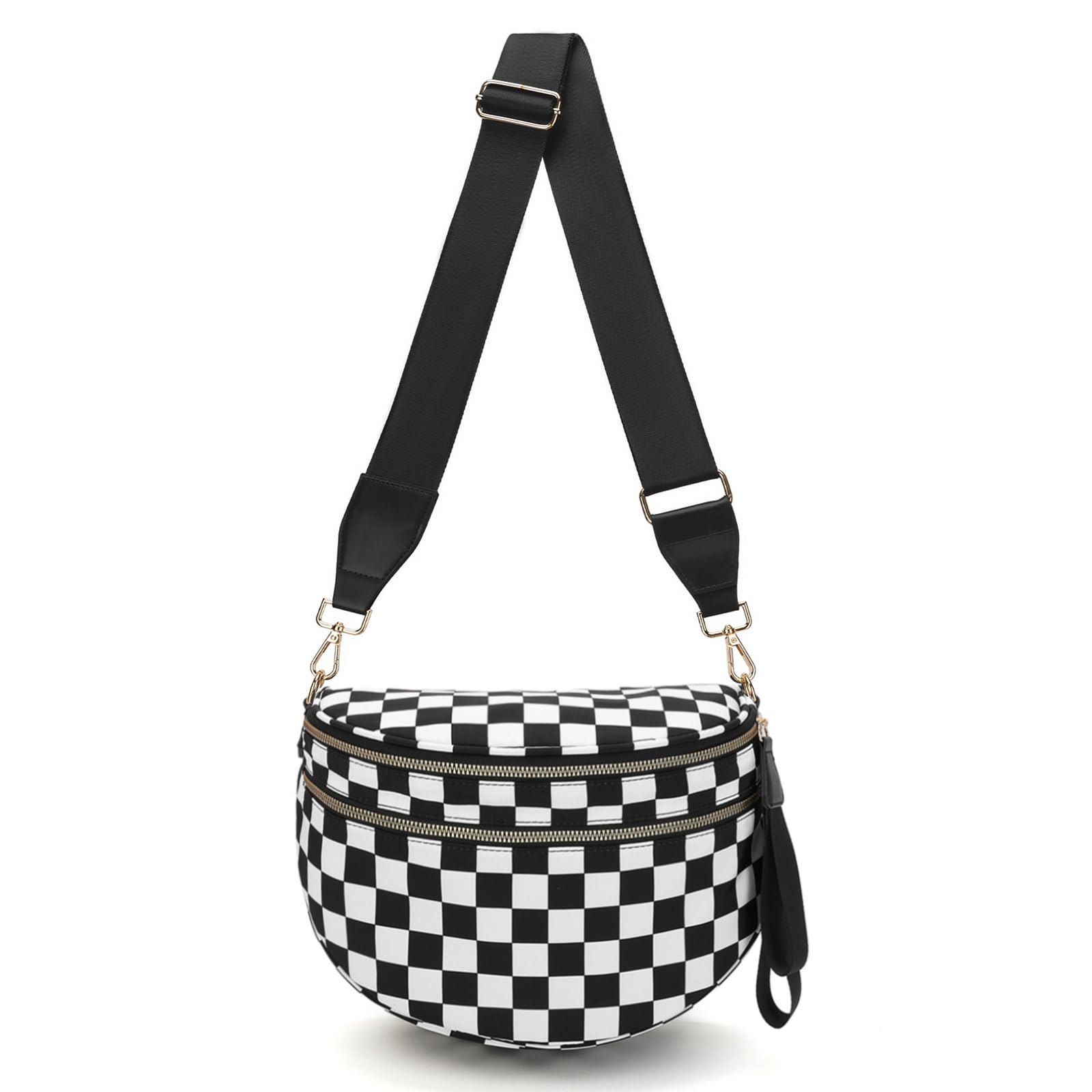 WOOMADA Checkered Crossbody Bag Bum Bag for Women, Fanny Pack Checkered Purse, Belt Bag with Shoulder Strap(Black Checkerboard)