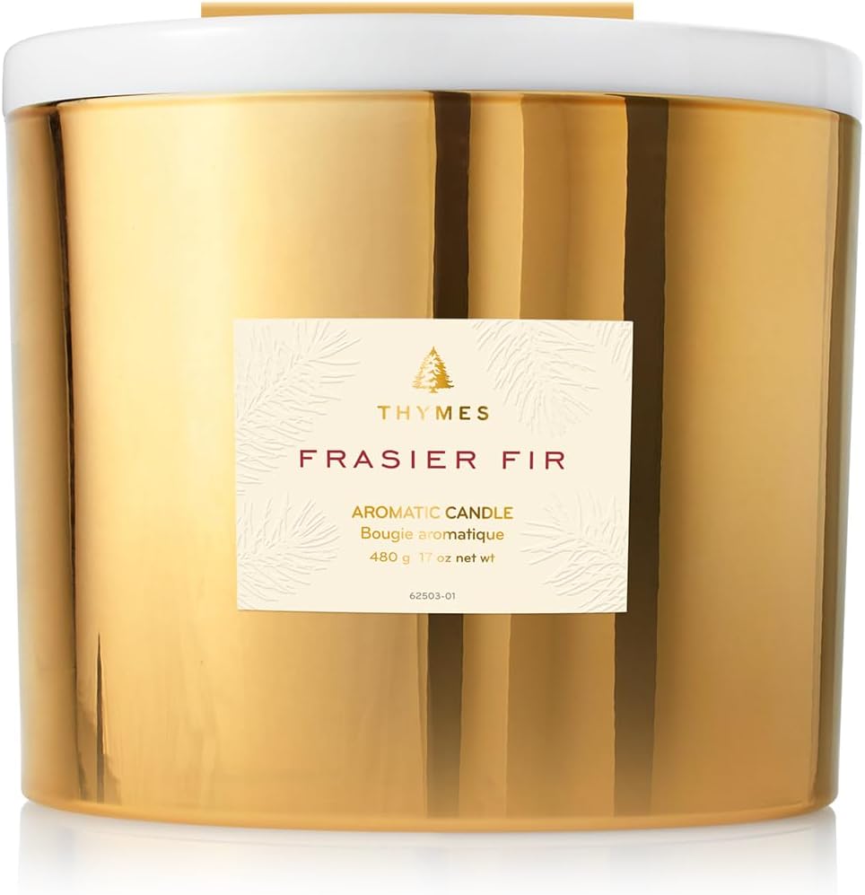 Thymes Frasier Fir Gilded Gold 3-Wick Candle - Scented Candle with a Crisp Just-Cut Forest Fragrance - Luxury Home Fragrance - Elegant Holiday Candle - Gold Jar Candle (17 oz)