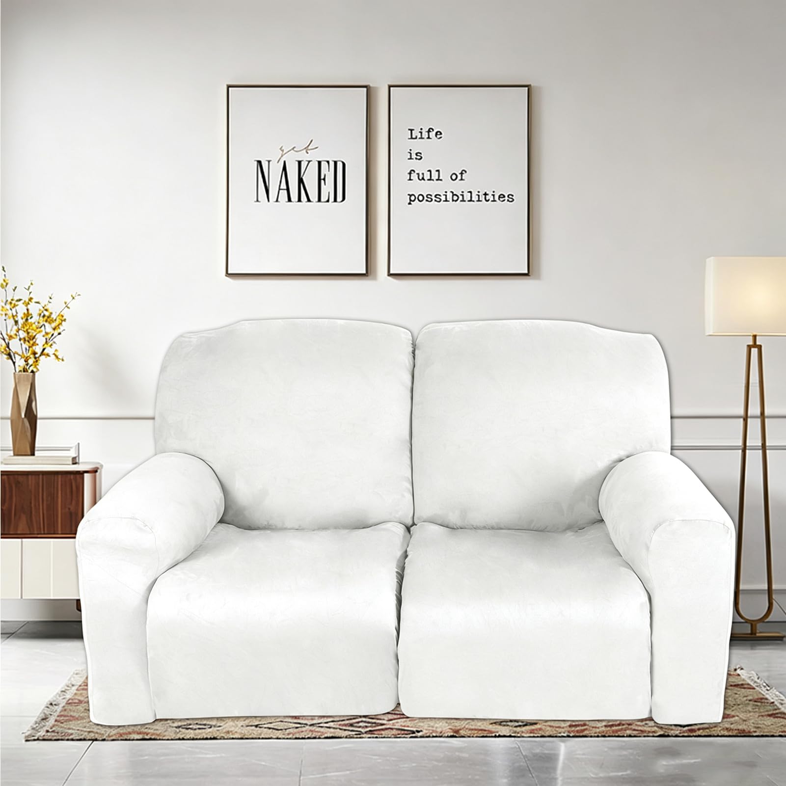 Copripoltrona Impermeabile con Tasca per Poltrona Relax Reclinabile | Fodera Elasticizzata in Velluto Lavabile | Antiscivolo | per Modello Elettrico (Bianco,2 Posto)